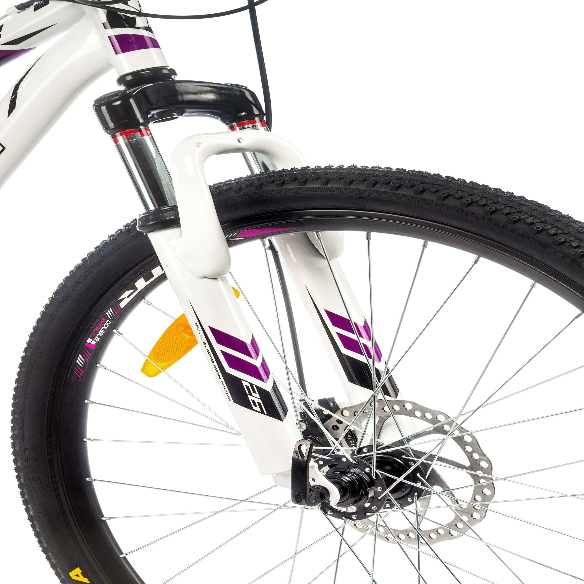 Voir la diapositive 4 : Vélo VTT 26'' Tout Suspendu Femme   Amazone / Neon   - Cadre acier - Double Freins à Disque - Potence Head set - Dérailleur arrière  Shimano Tourney TY300 - Poignées à Gâchettes Shimano ST-EF500
