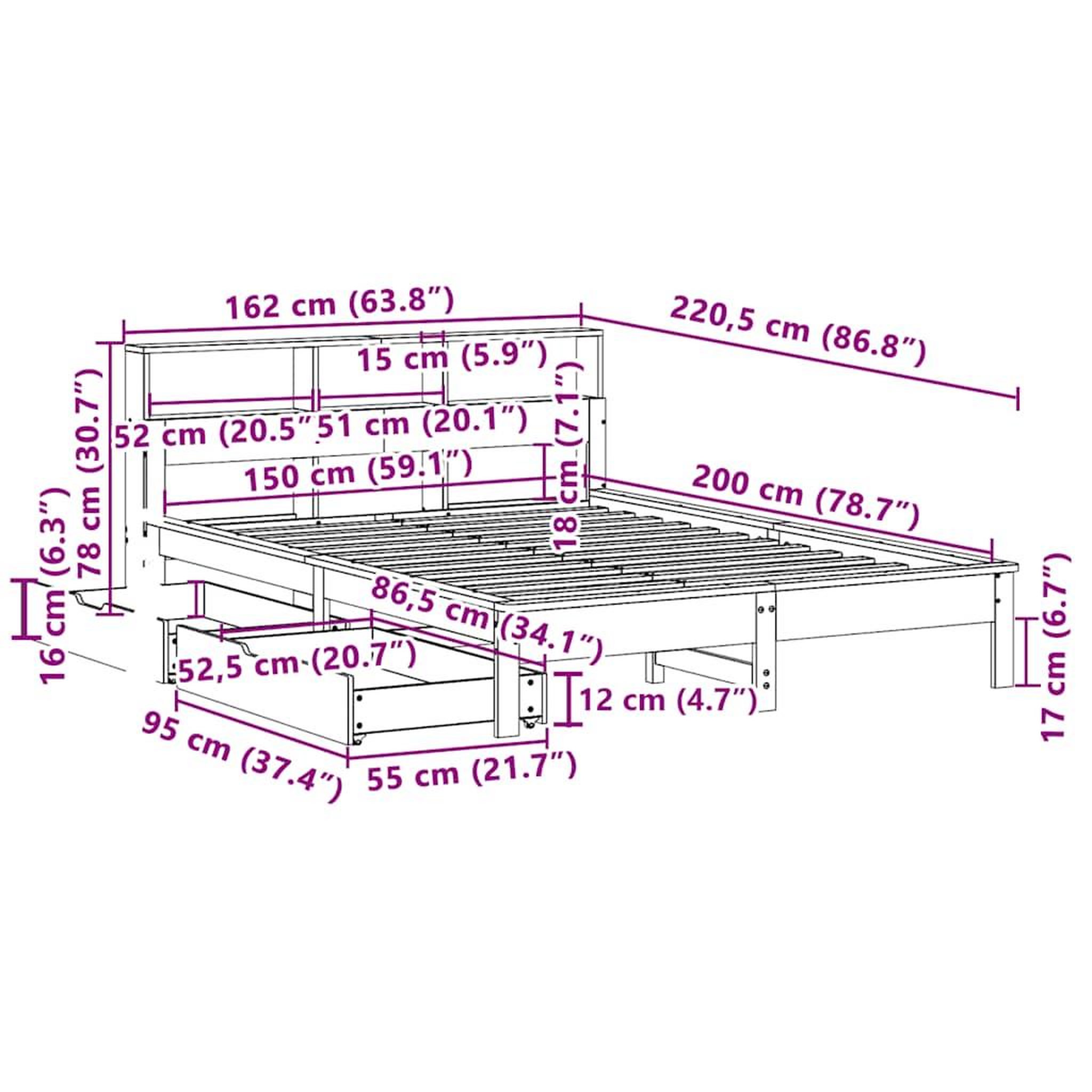Voir la diapositive 6 : VIDAXL Lit bibliotheque sans matelas cire marron 150x200 cm pin massif
