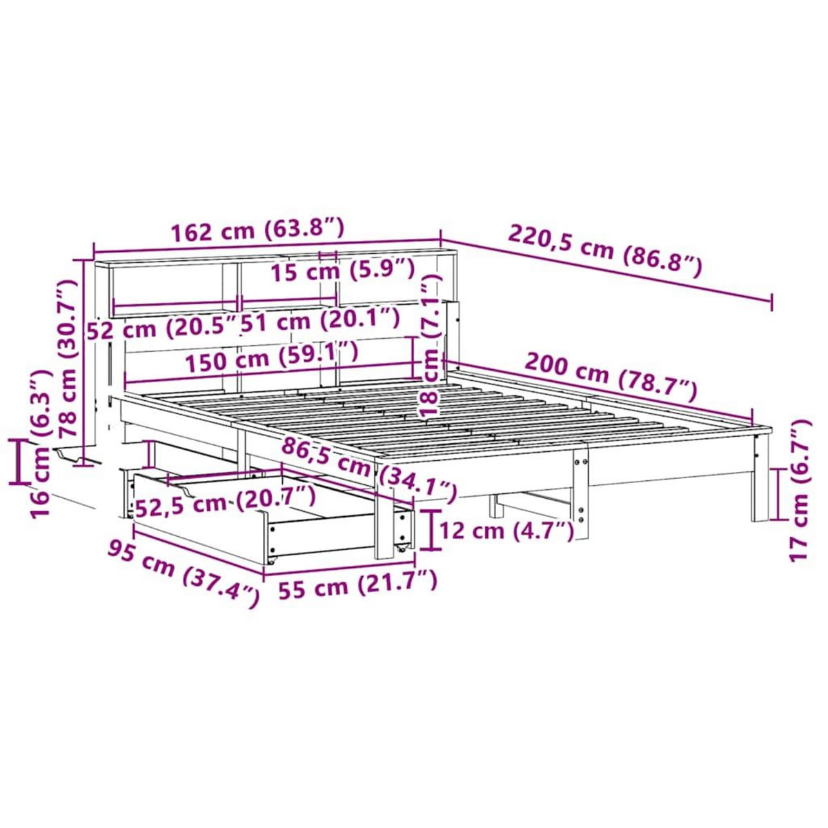 VIDAXL Lit bibliotheque sans matelas cire marron 150x200 cm pin massif