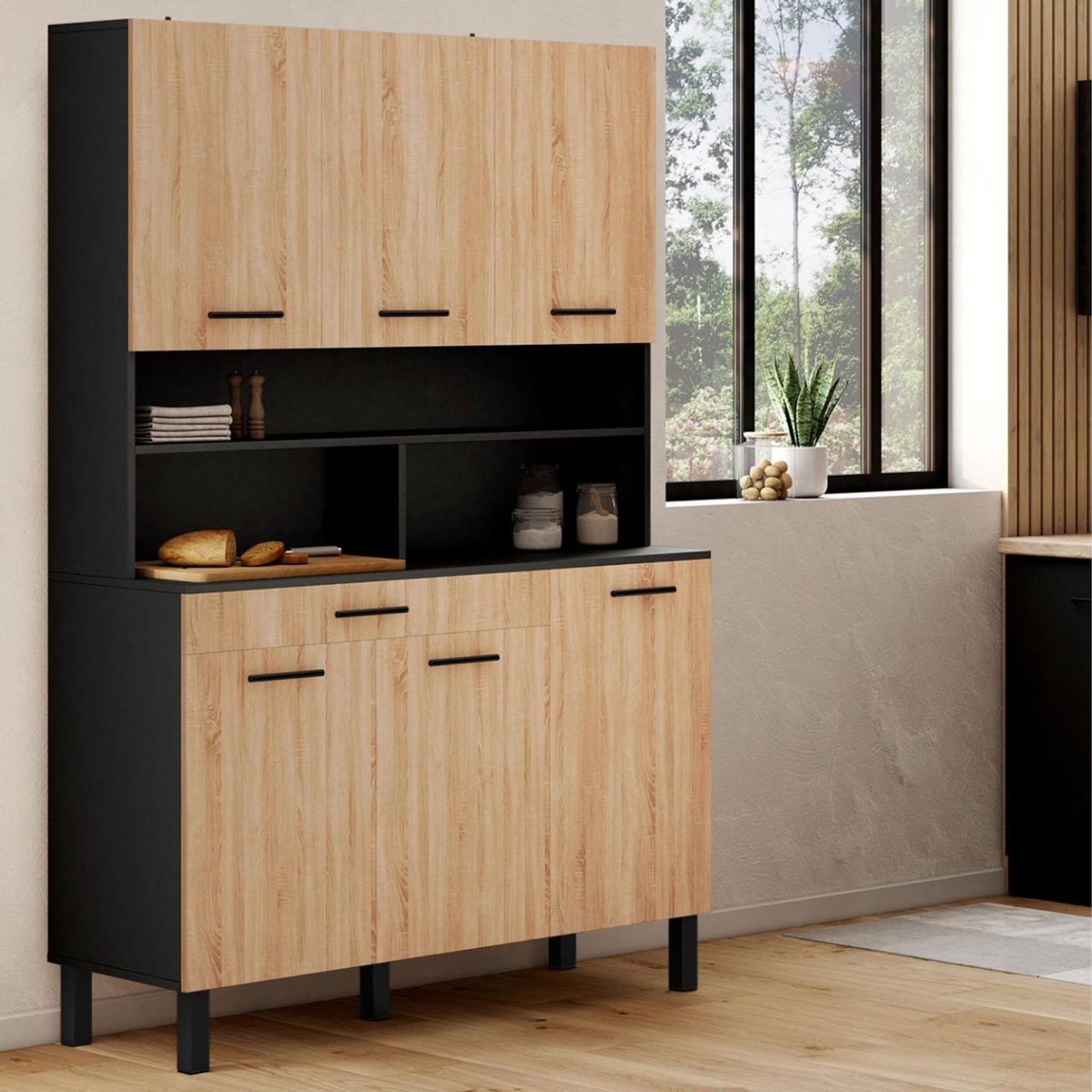 ID MARKET Buffet de cuisine 120 CM CINA 6 portes + tiroir noir et façon hêtre