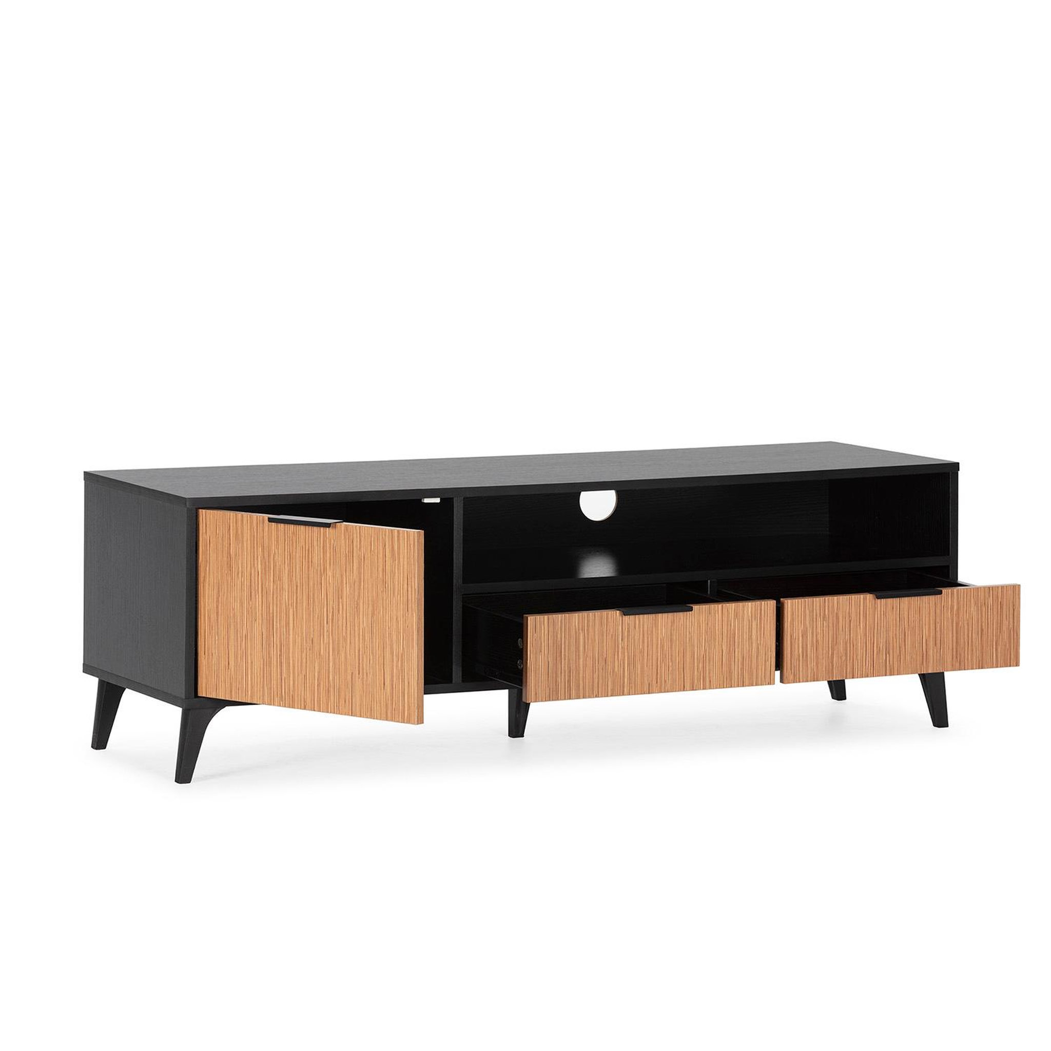 Voir la diapositive 3 : VS VENTA-STOCK Meuble TV Denis 1 porte et 2 tiroirs, couleur Noir/Bois