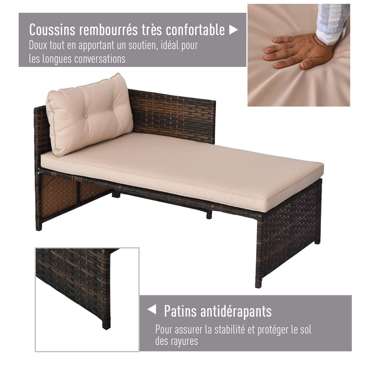 OUTSUNNY Ensemble salon de jardin 2 pièces canapé d'angle 4 places + table basse plateau verre trempé + 5 coussins résine tressée brun