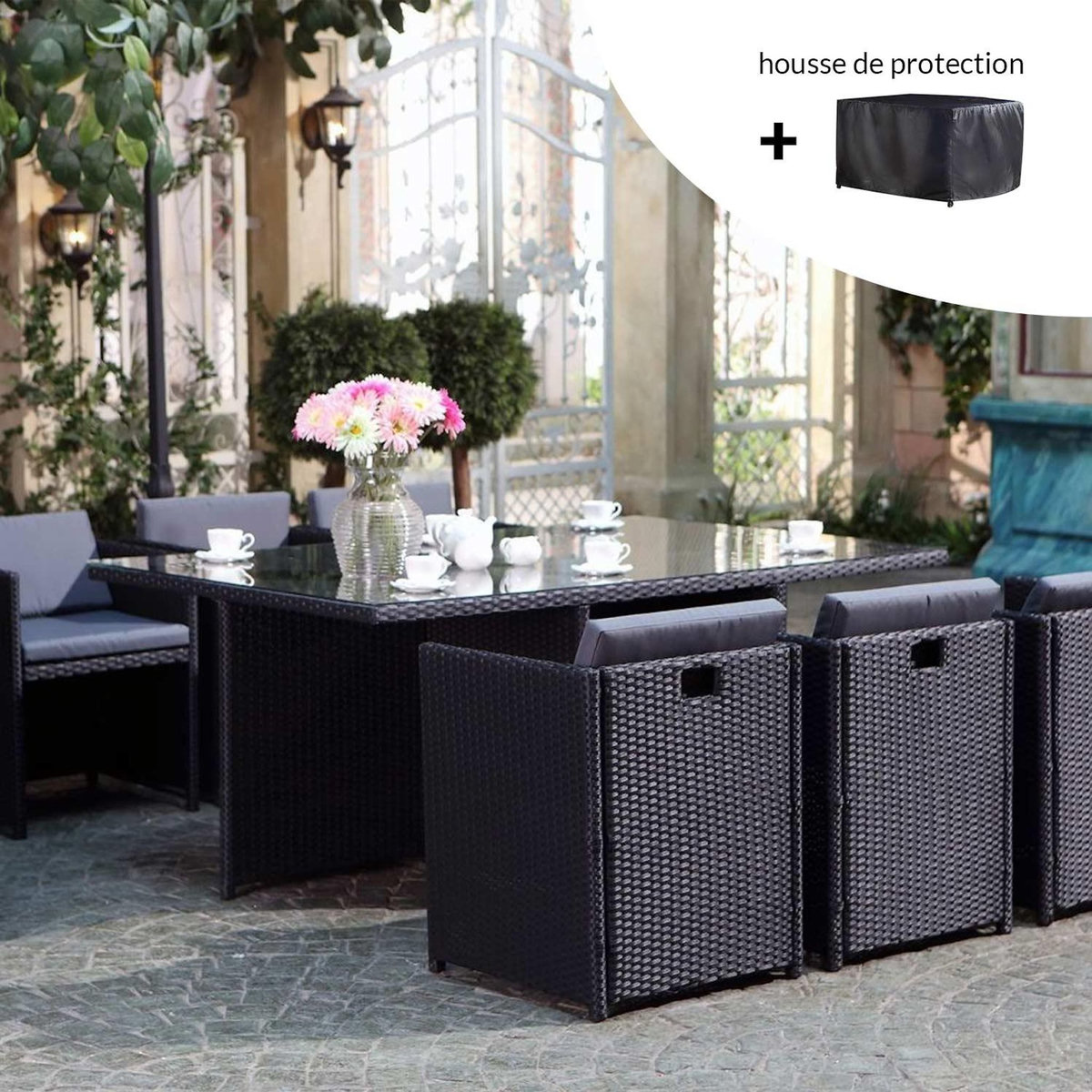 CONCEPT USINE MIAMI - Salon de jardin 6 places noir-gris + housse de protection MIAMI