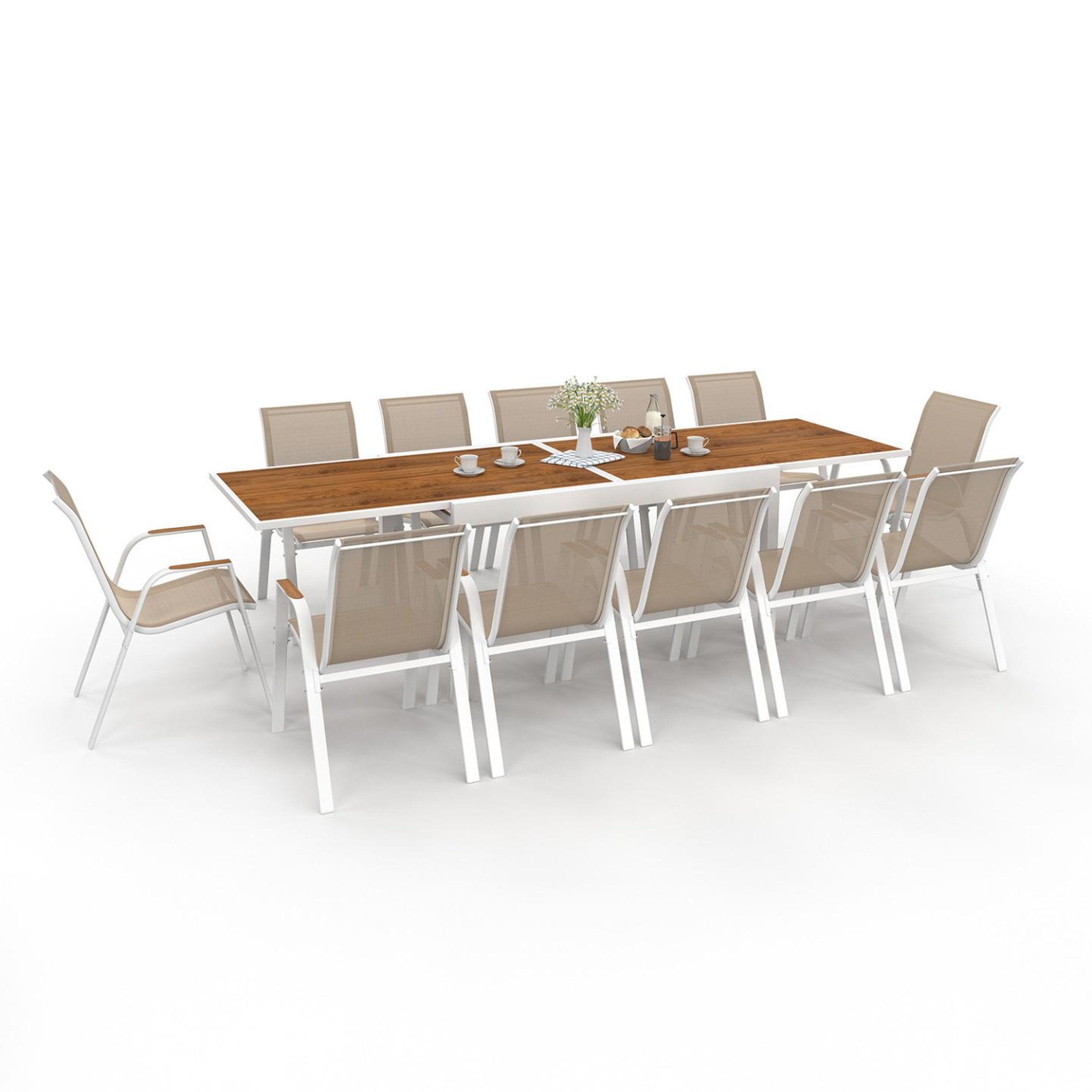 ID MARKET Salon de jardin noumea table extensible 135/270 cm plateau verre trempé effet bois et 12 chaises empilables blanc et bois