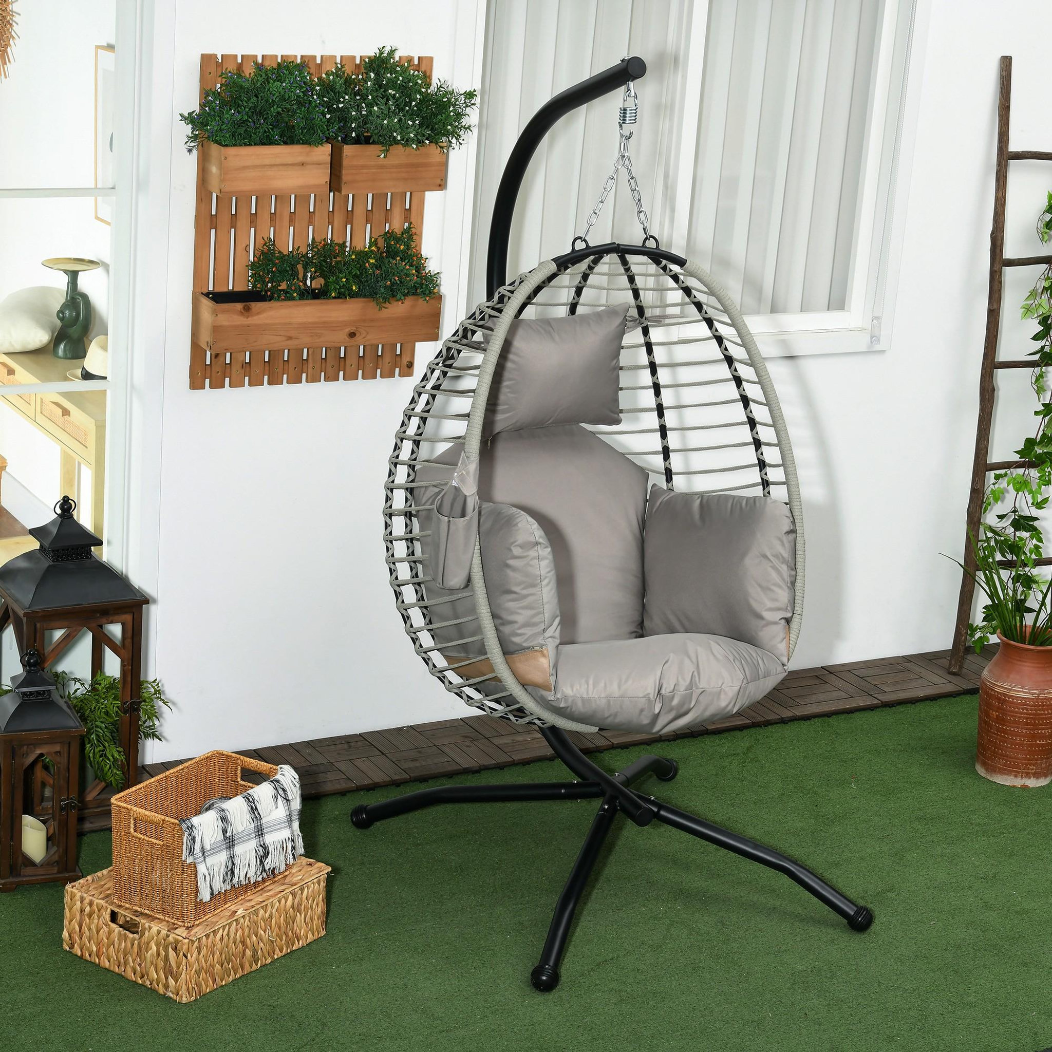 Voir la diapositive 2 : OUTSUNNY Fauteuil oeuf suspendu balancelle pliable avec coussin et support