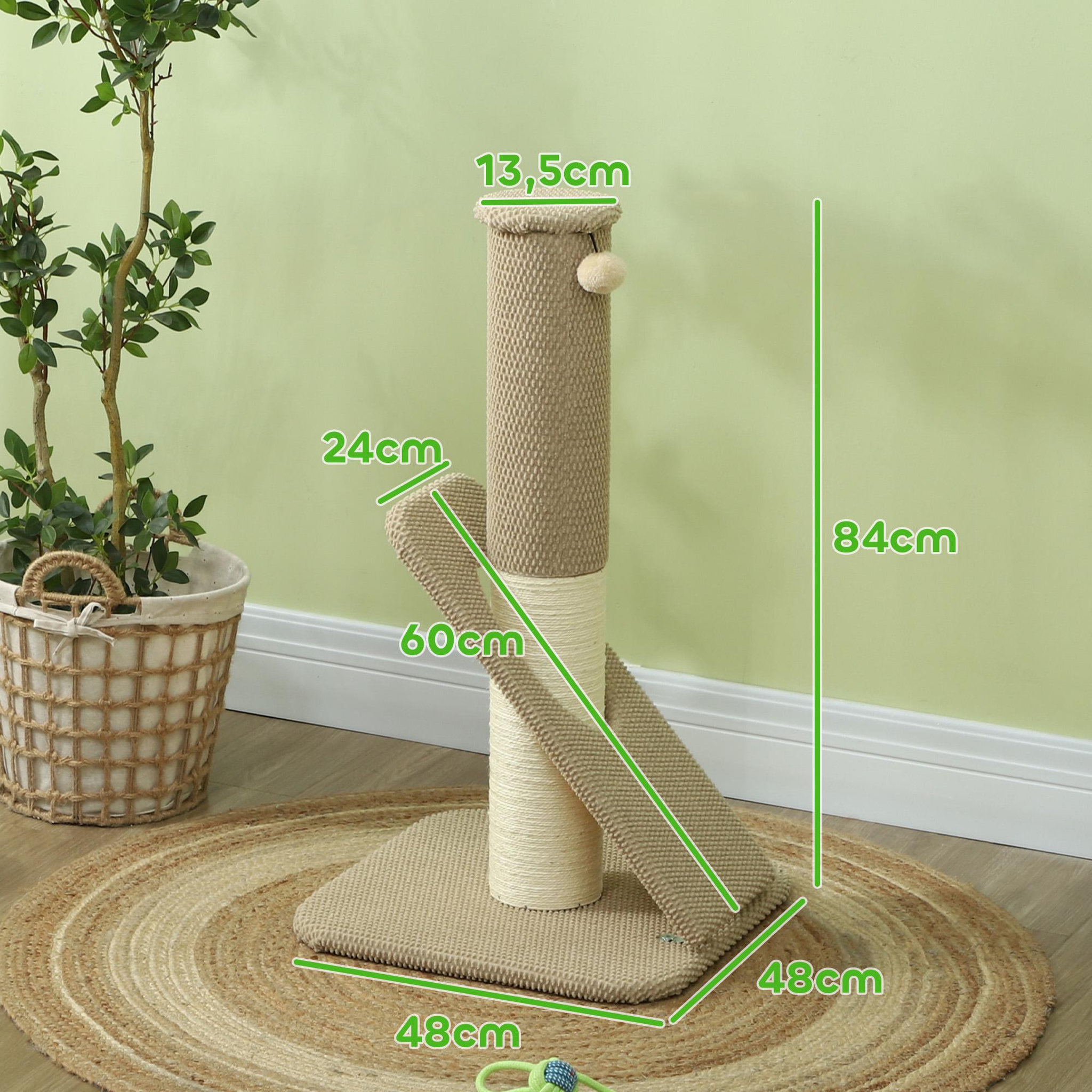 Voir la diapositive 3 : PAWHUT Griffoir chat taille M - Poteau à griffer H.84 cm, jeu boule - sisal naturel revêtement patchwork grain d'ananas beige
