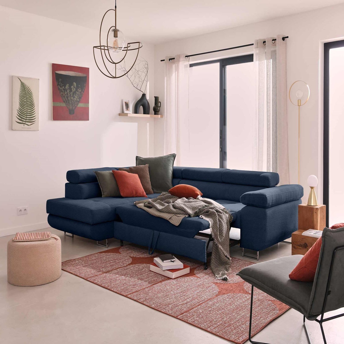 BEST MOBILIER Zaria - canapé d'angle gauche - convertible avec coffre et têtières réglables - 5 places - en velours côtelé