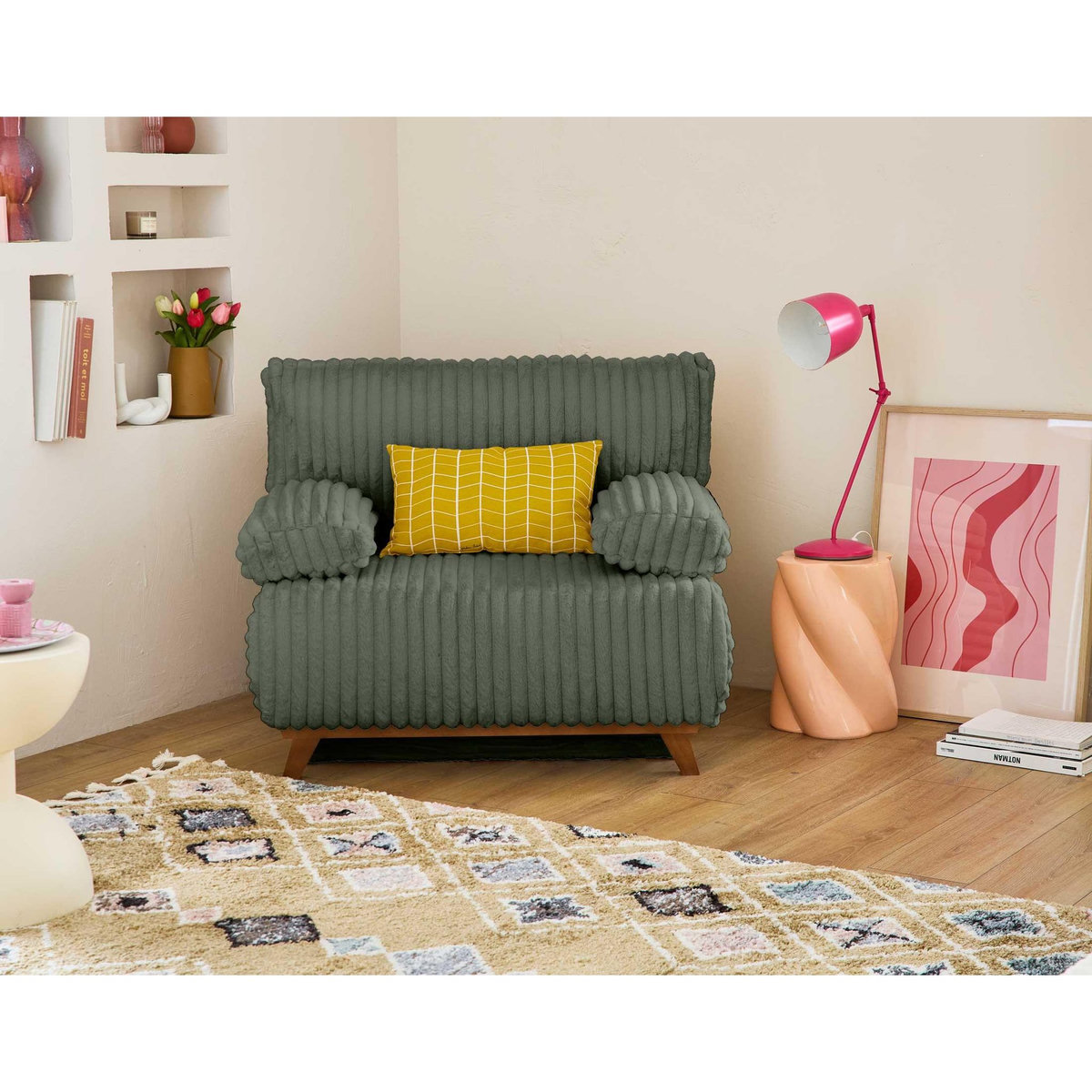 BEST MOBILIER Cristal - fauteuil - convertible avec coffre - en fausse fourrure côtelée