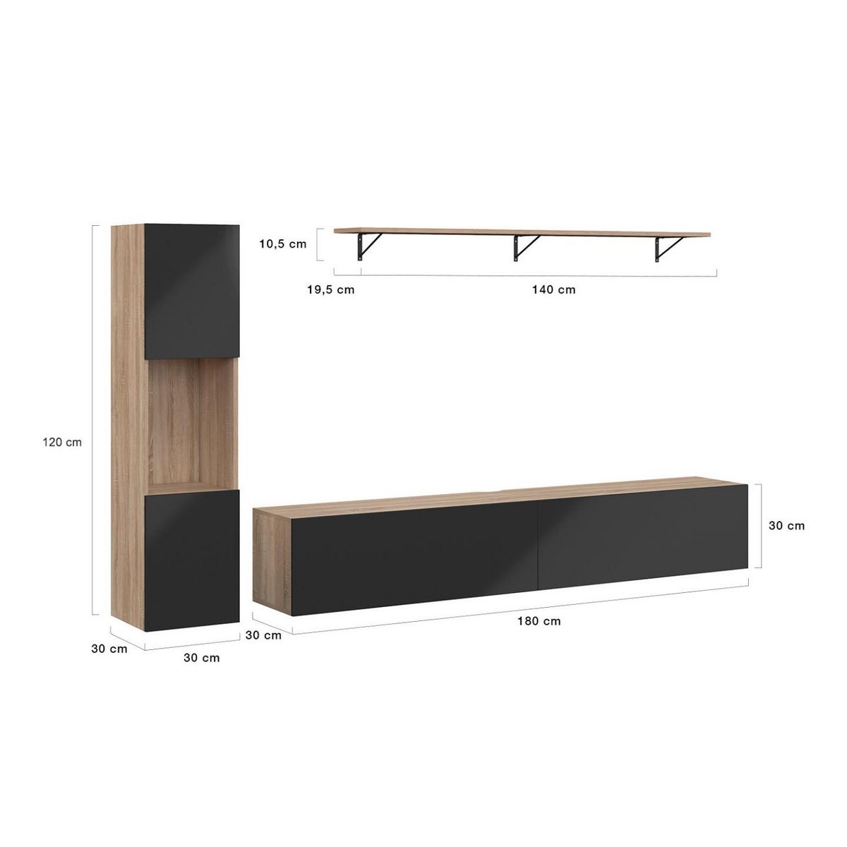 ID MARKET Ensemble meuble TV 180 cm avec colonne et étagère ELIO bois et noir