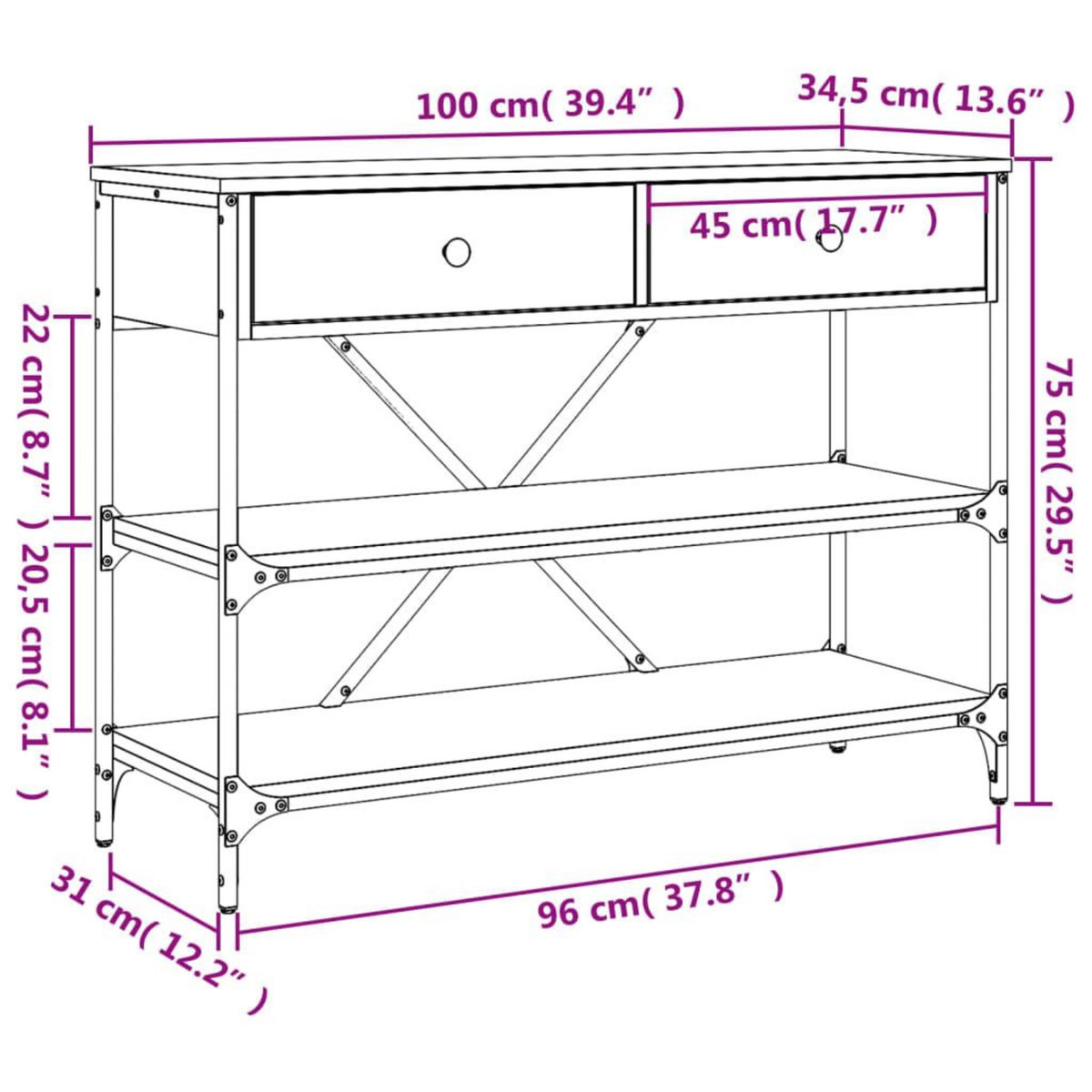 VIDAXL Table console avec tiroirs et etageres chene fume