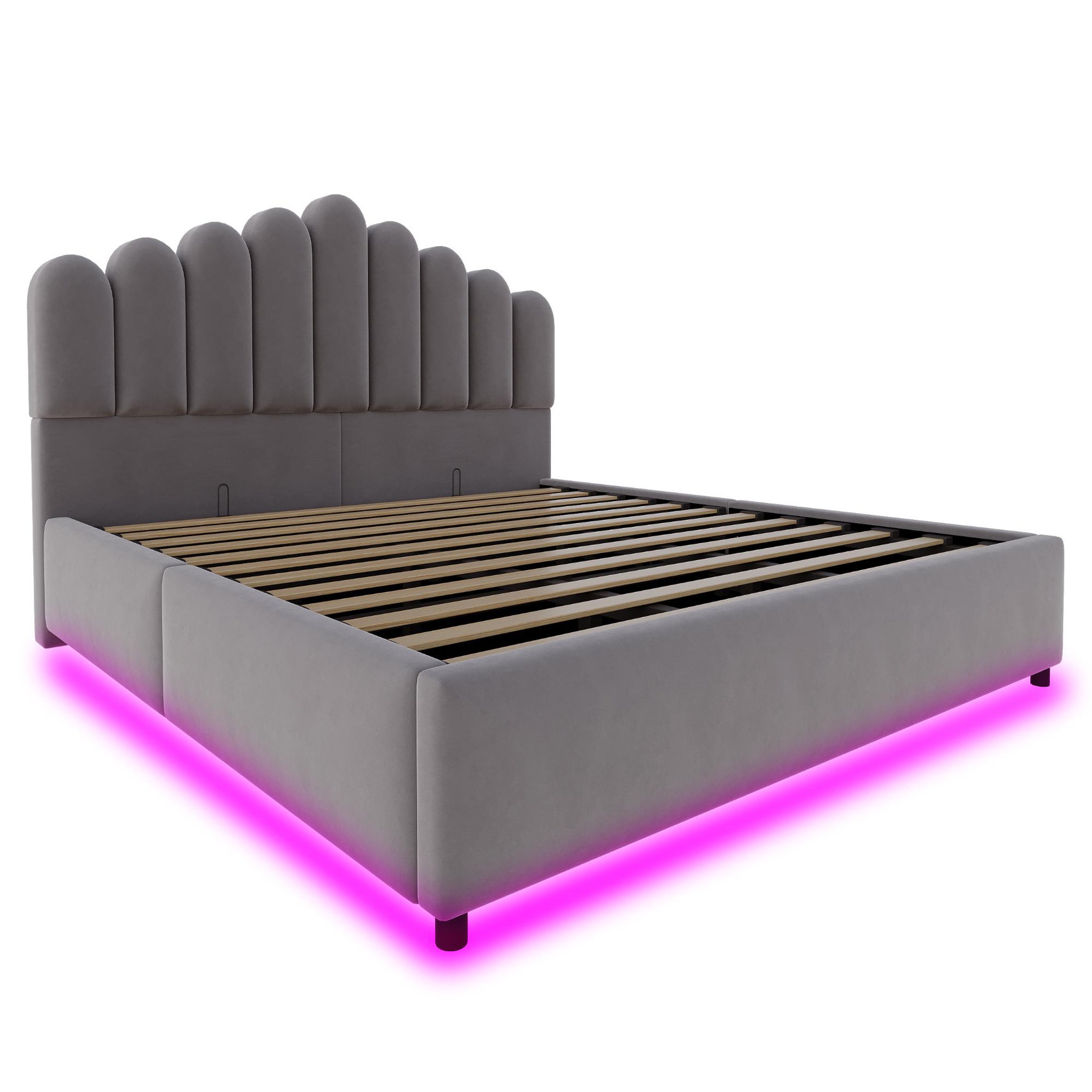Voir la diapositive 6 : MERAX Lit coffre velours avec led, tête de lit capitonnée et sommier à lattes