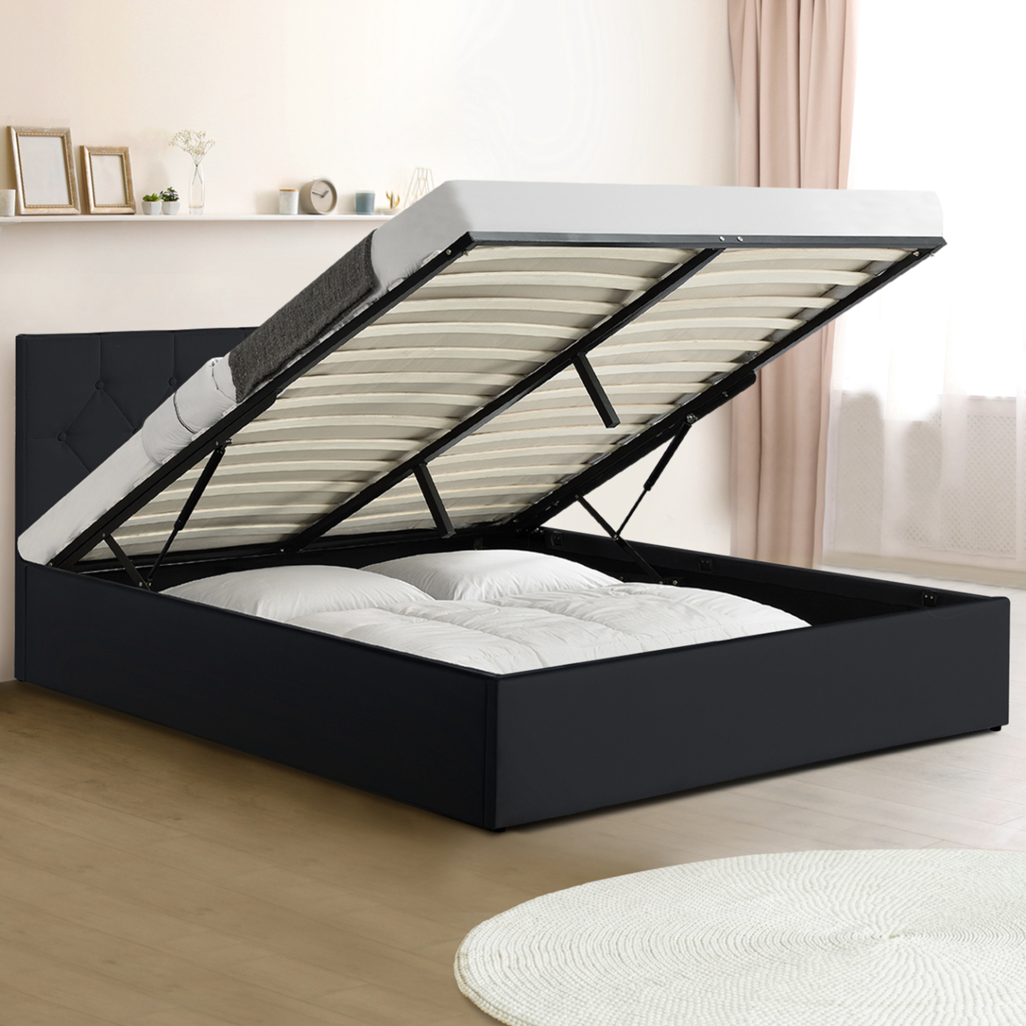 Voir la diapositive 2 : ID MARKET Lit coffre double austin avec tête de lit et sommier 140 x 190 cm pvc noir