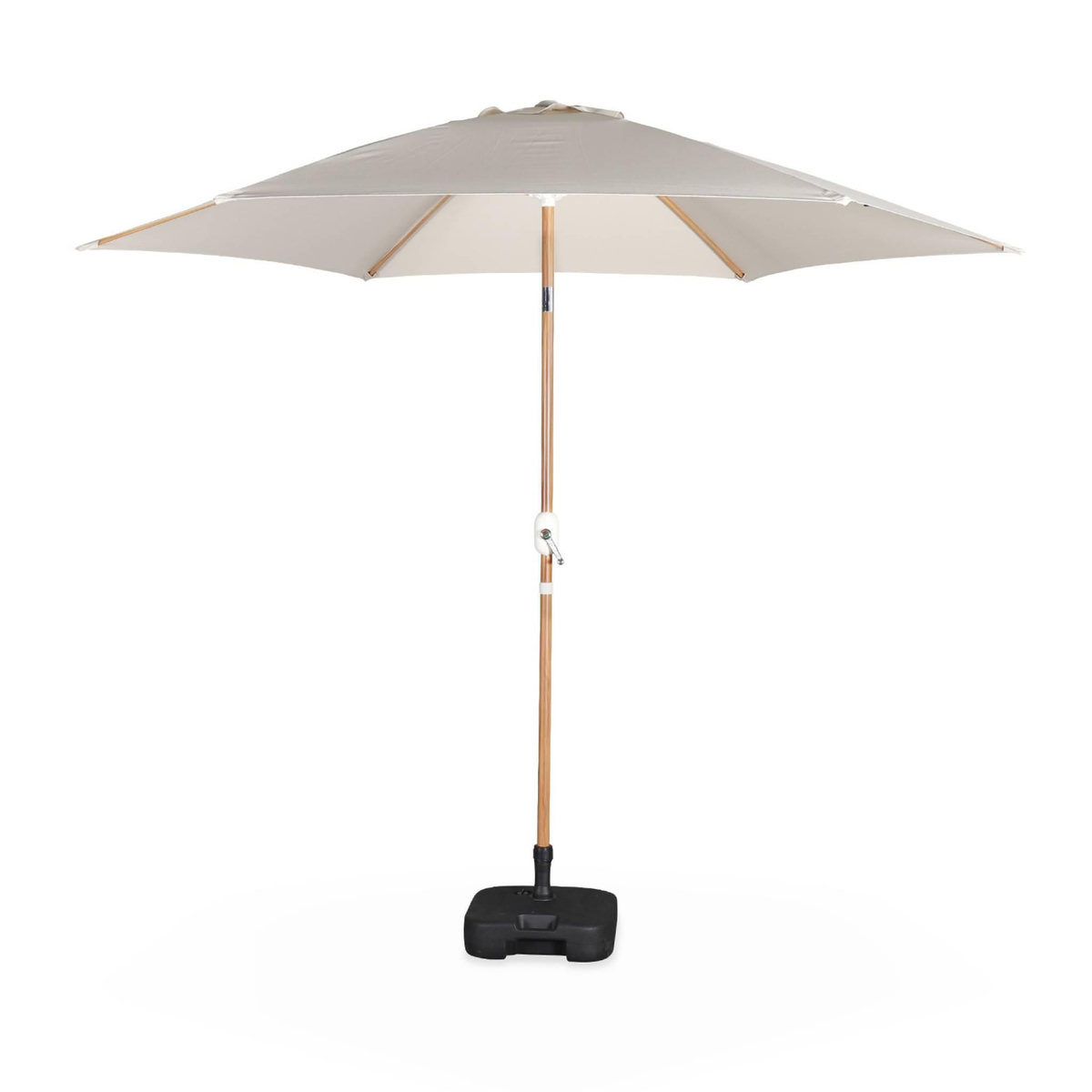 SWEEEK Parasol droit rond sable Ø293cm mât central en aluminium imitation bois. orientable et manivelle d'ouverture