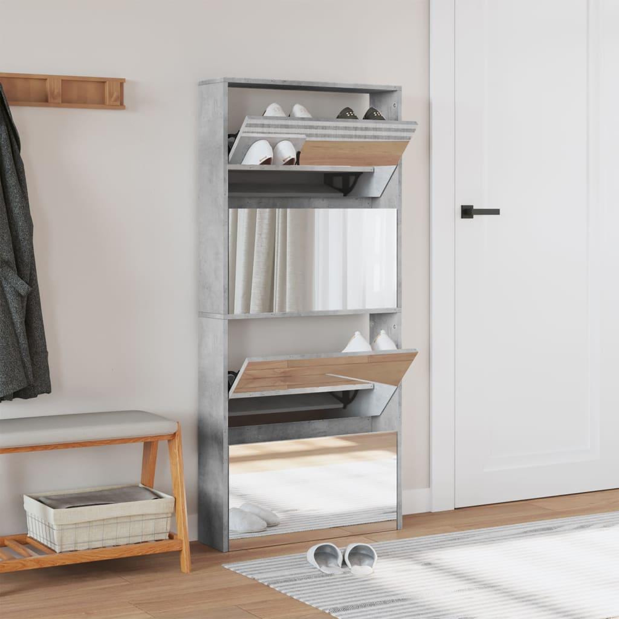 Voir la diapositive 3 : VIDAXL Armoire a chaussures et miroir 4 niveaux gris beton 63x17x134cm