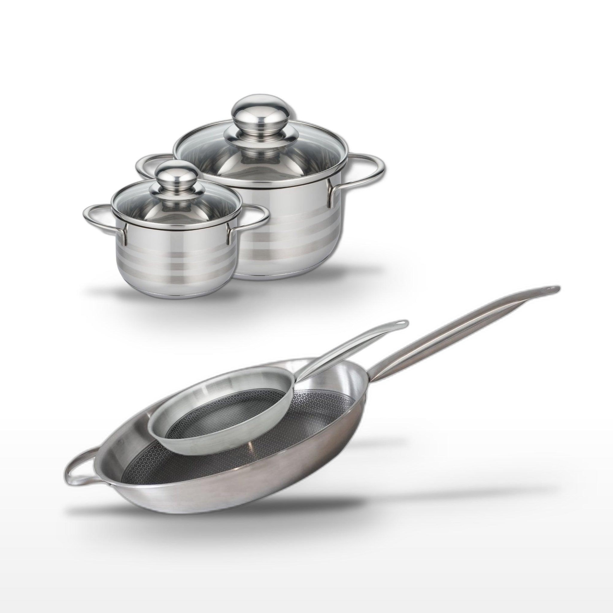 ELO Batterie de cuisine avec 2 faitouts 12/16 cm et 2 poêles de cuisson 24/32 cm en inox sans pfas elo collection relief solution brillant
