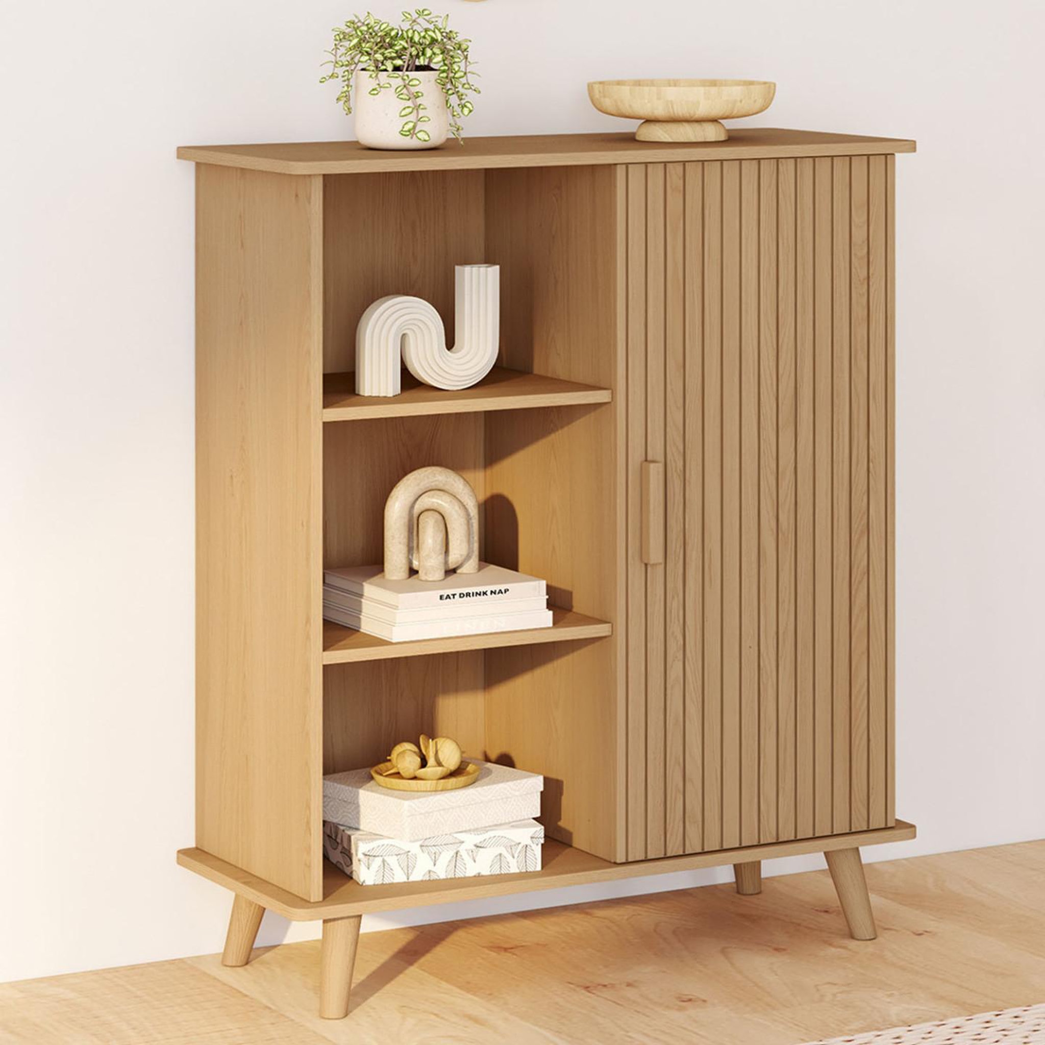 Voir la diapositive 2 : ID MARKET Buffet d'appoint 3 étagères et placard 70 cm juliette effet lattes tasseau bois
