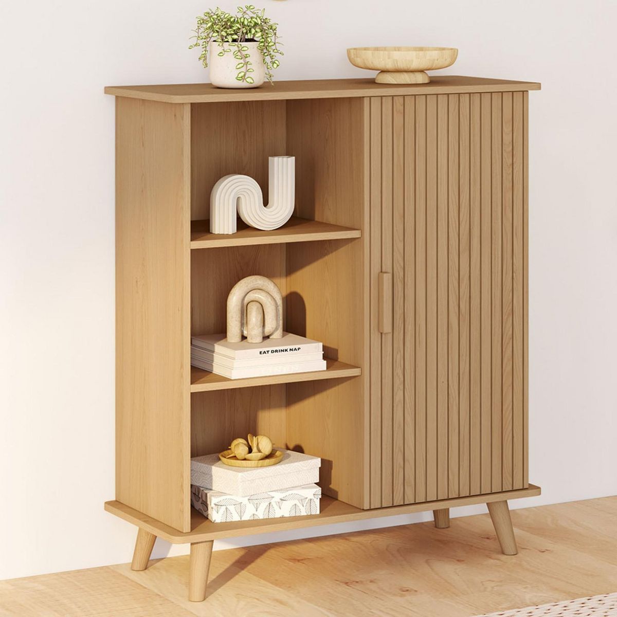 ID MARKET Buffet d'appoint 3 étagères et placard 70 cm JULIETTE effet lattes tasseau bois