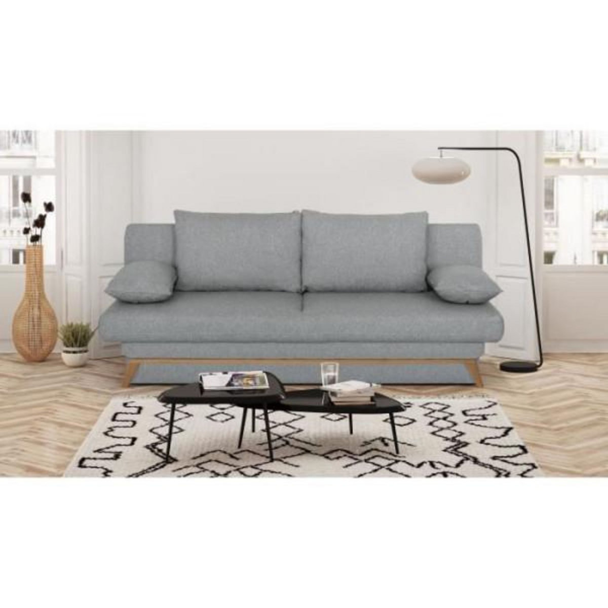 MARKET24 Banquette convertible - 3 places - NAOTO - Tissu gris clair - Coffre de rangement - 202 x 98 x 98 cm
