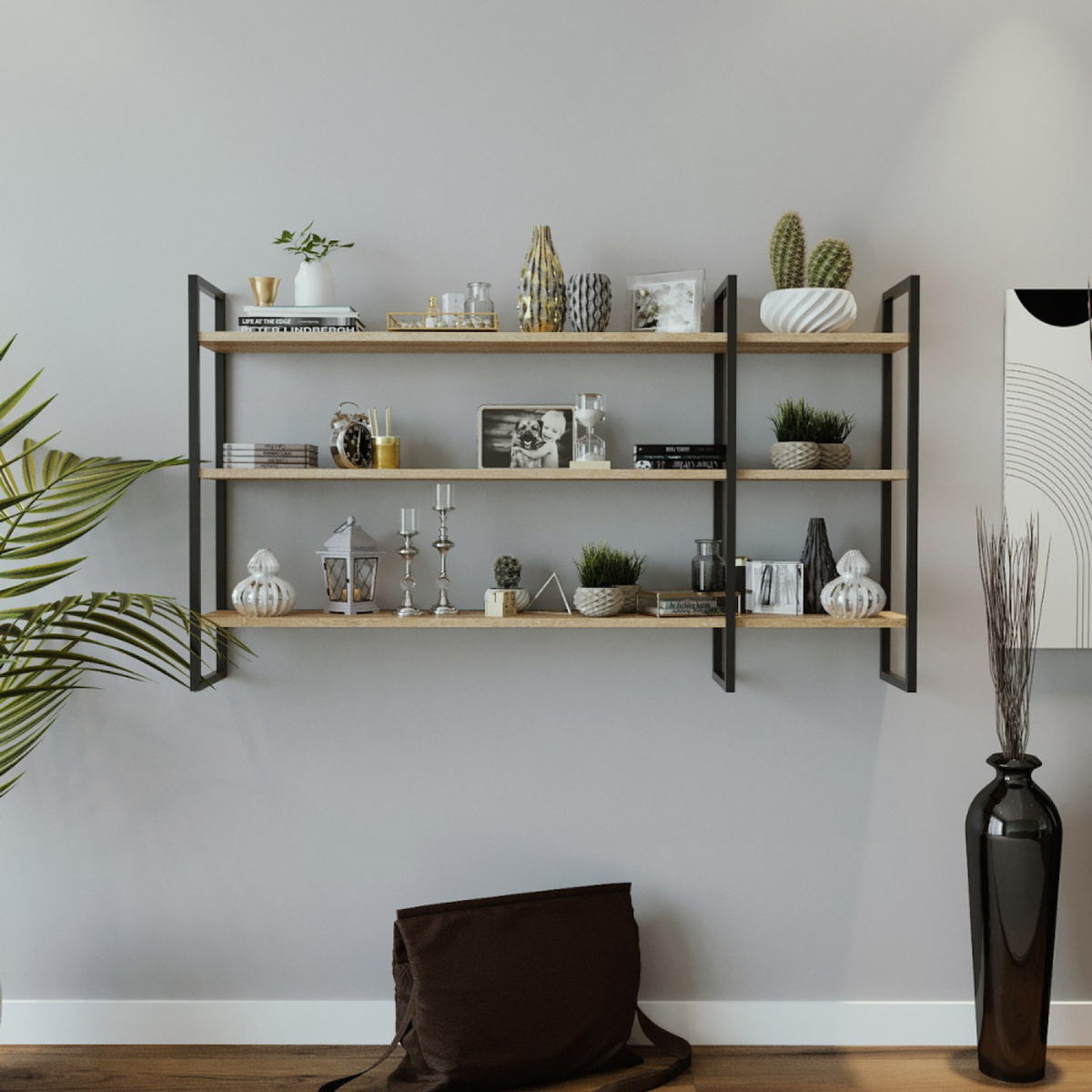CONCEPT USINE Étagère murale design en métal - 3 rangements - bois et noir VITRO