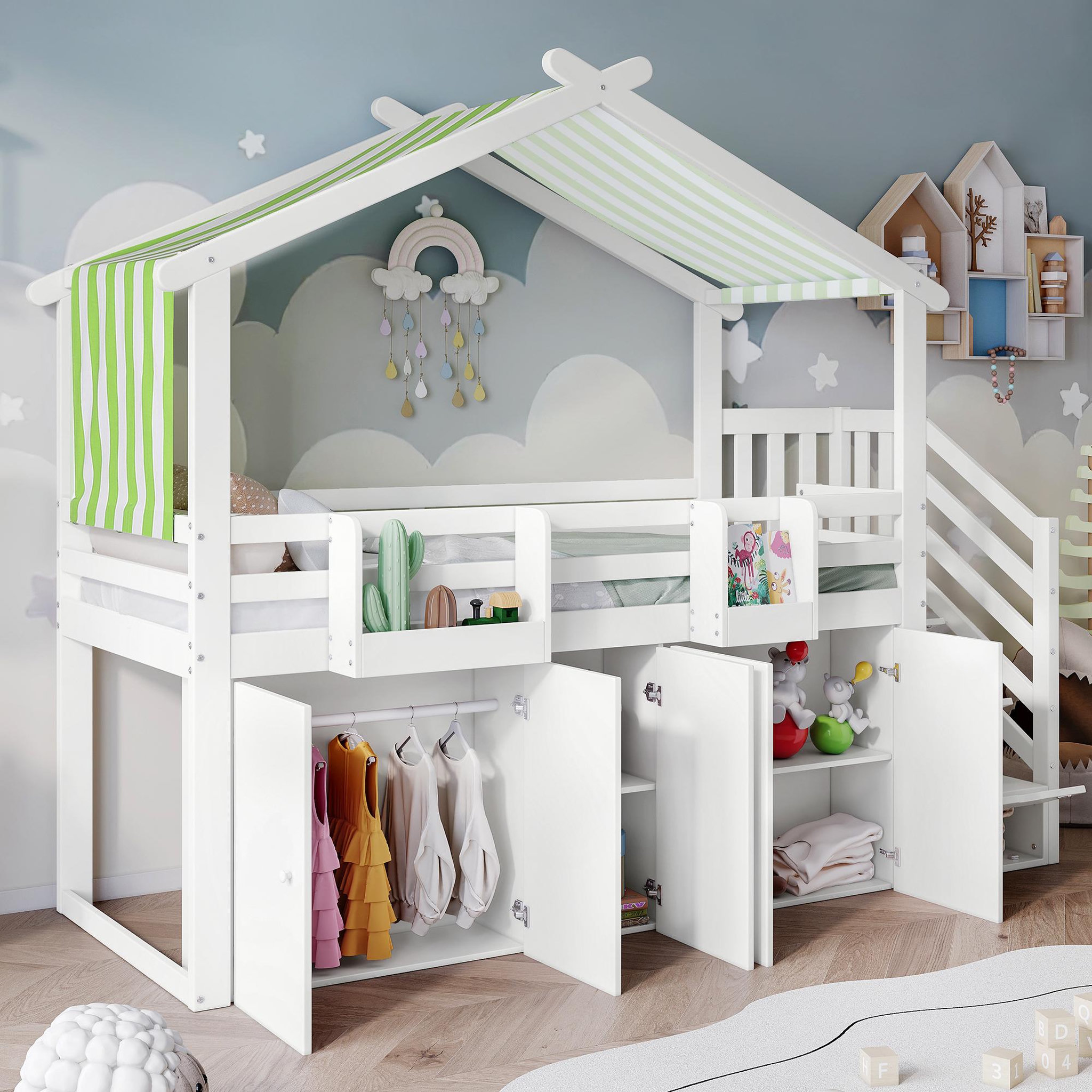 Voir la diapositive 4 : MERAX Lit cabane enfant 90x200cm bois et mdf coloris blanc