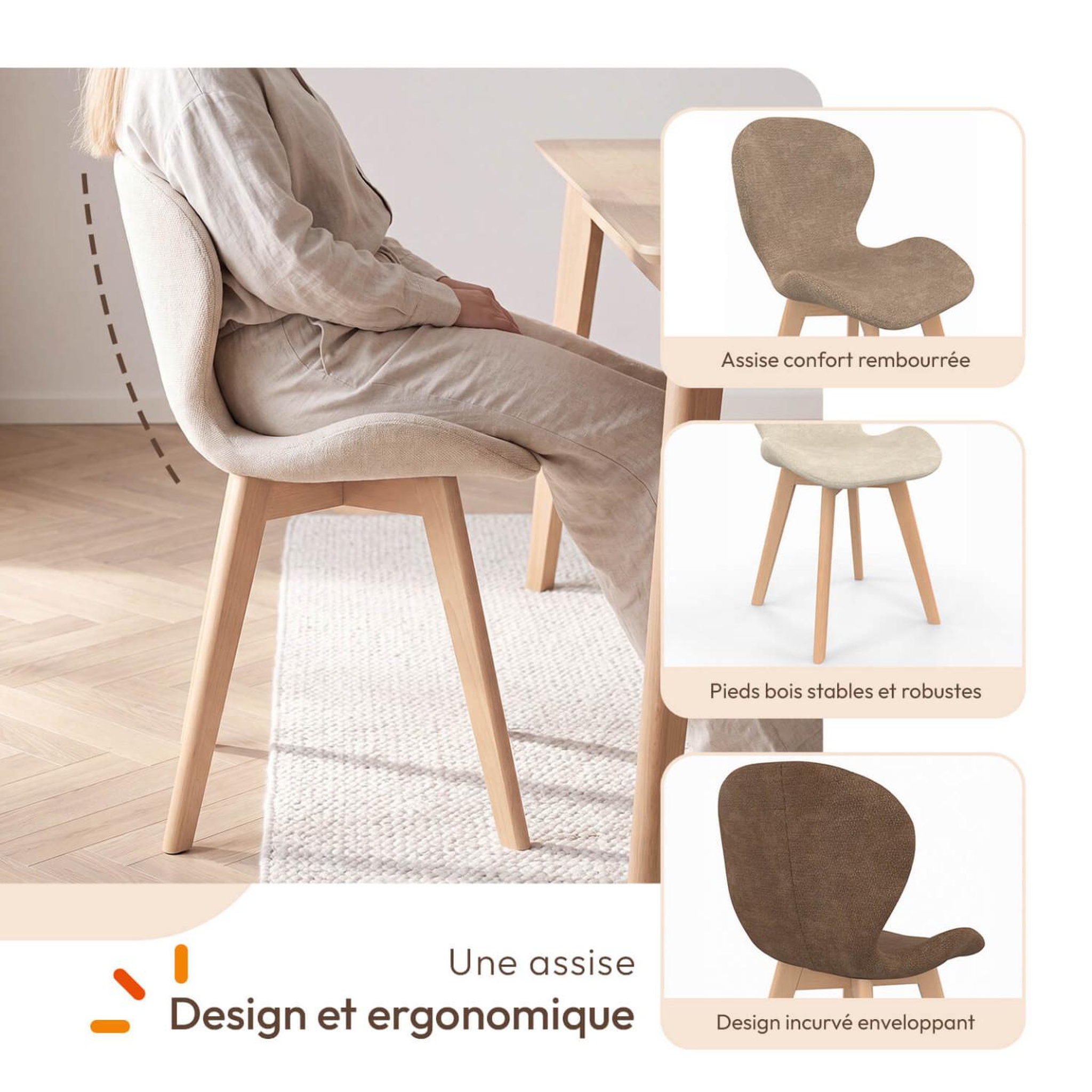 Voir la diapositive 3 : ID MARKET Lot de 6 chaises robine en tissu chenille mix color taupe x2, beige x2, marron x2