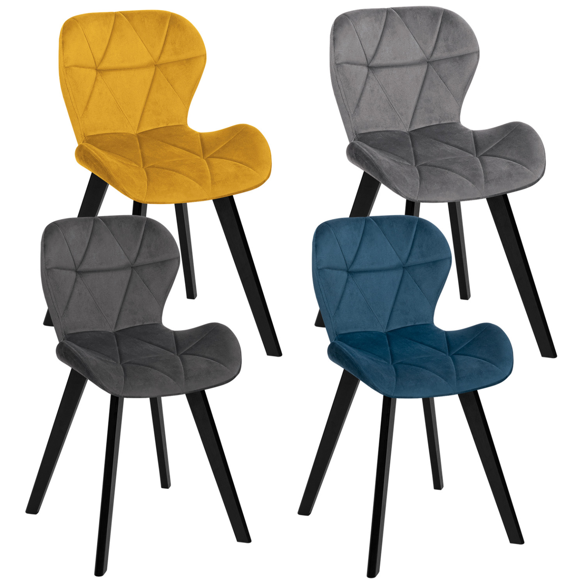 ID MARKET Lot de 4 chaises robine en velours mix color bleu, gris foncé, gris clair et jaune