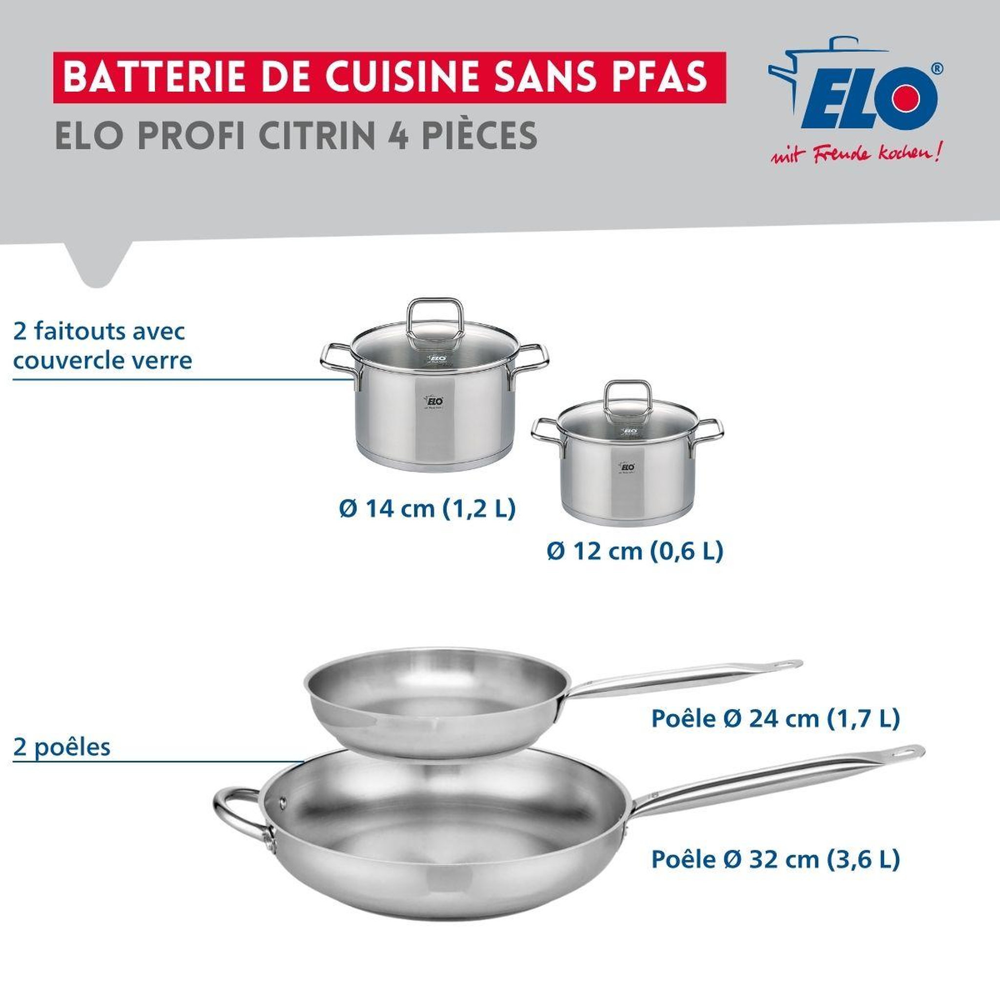 Voir la diapositive 2 : ELO Ensemble de 2 poêles de cuisson 24 et 32 cm et 2 faitouts 12 et 14 cm elo profi citrin