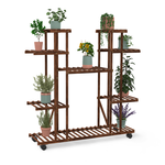 ID MARKET Etagère à pots de fleurs porte plante en bois 8 niveaux à roulettes