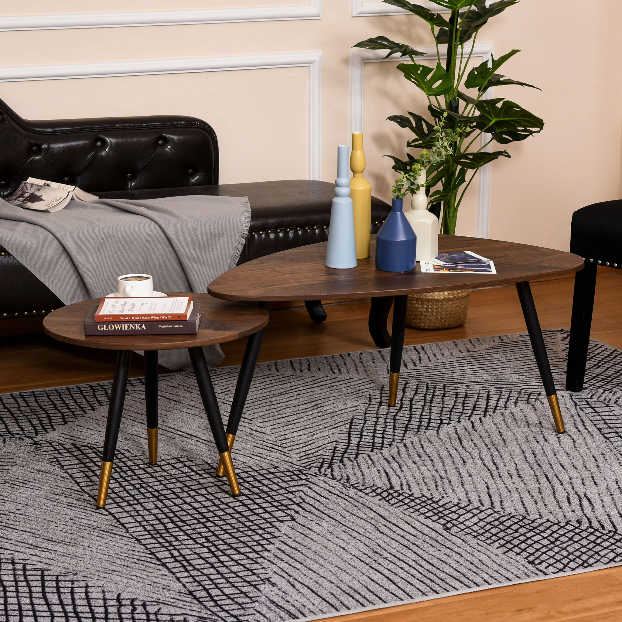 Voir la diapositive 4 : HOMCOM Lot de 2 tables basses gigognes style art déco pieds effilés inclinés métal noir extrémités doré plateaux MDF aspect teck foncé