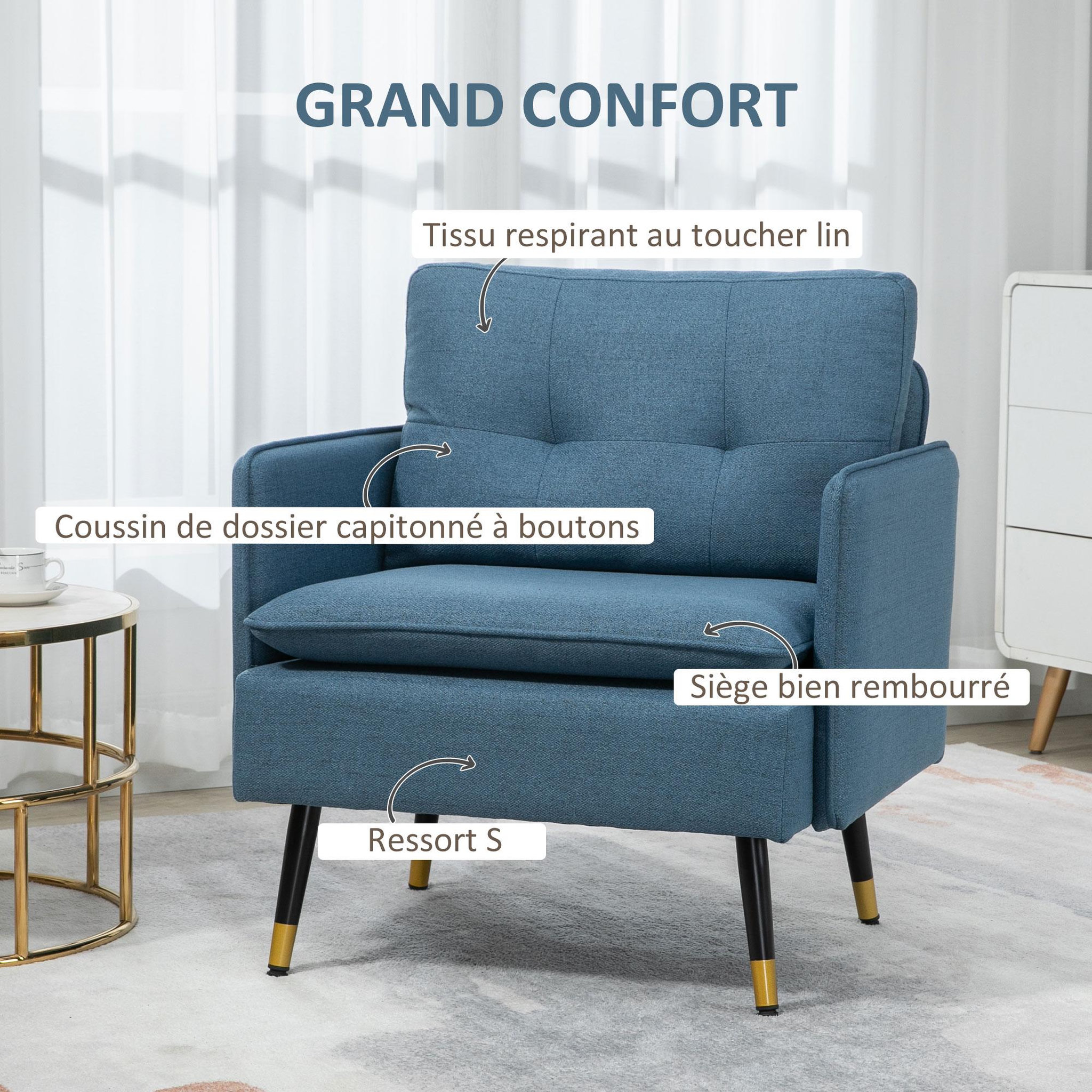 Voir la diapositive 4 : HOMCOM Fauteuil style art-déco dossier effet capitonné piètement incliné effilé métal noir extrémités dorées tissu bleu