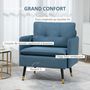 Voir la diapositive 4 : HOMCOM Fauteuil style art-déco dossier effet capitonné piètement incliné effilé métal noir extrémités dorées tissu bleu