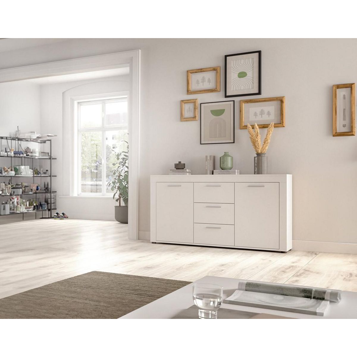 BEST MOBILIER Stafford - buffet bas - blanc - 3 tiroirs et 2 portes - 125 cm
