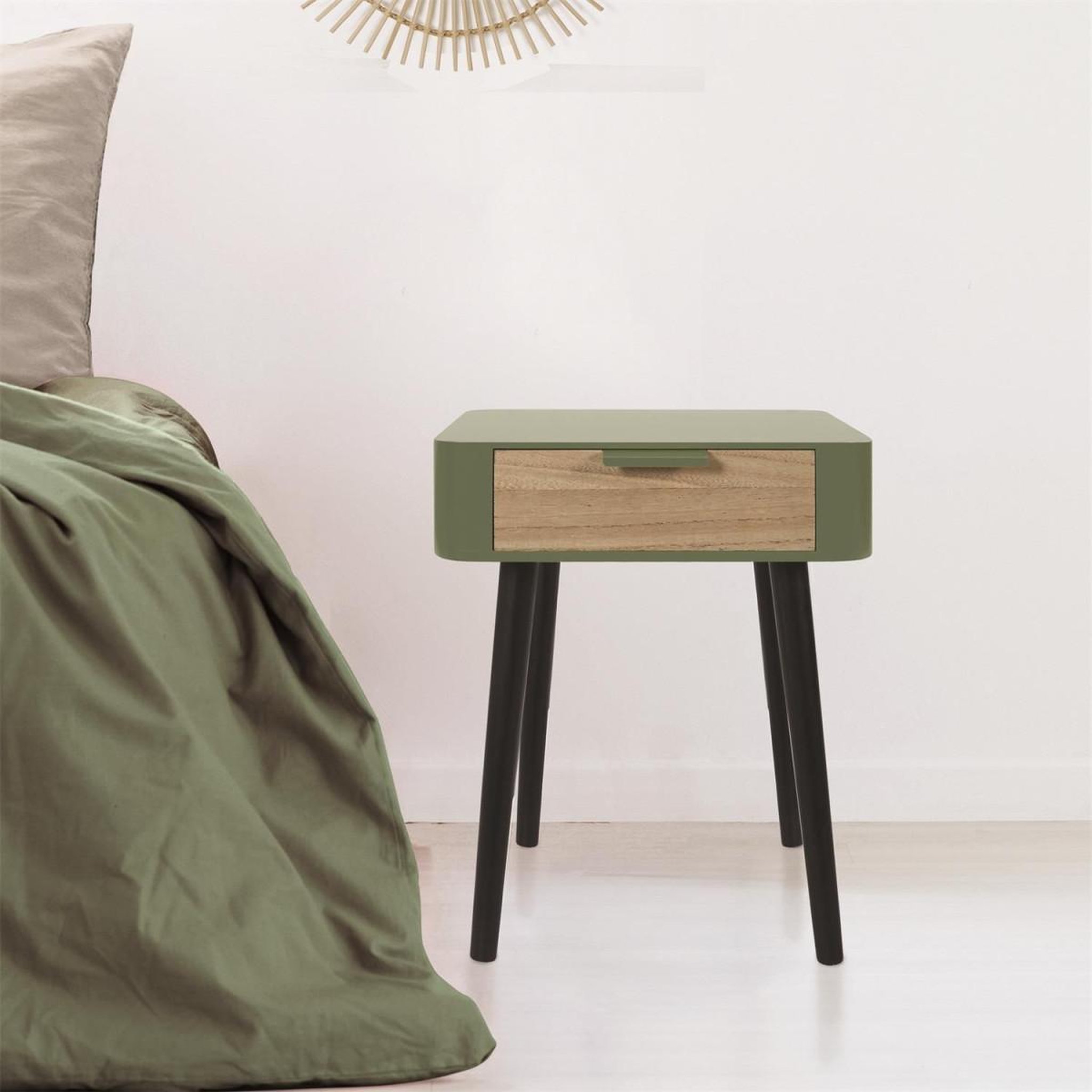 Voir la diapositive 4 : The Home Deco Factory Table de chevet 1 tiroir  bois  48cm vert kaki