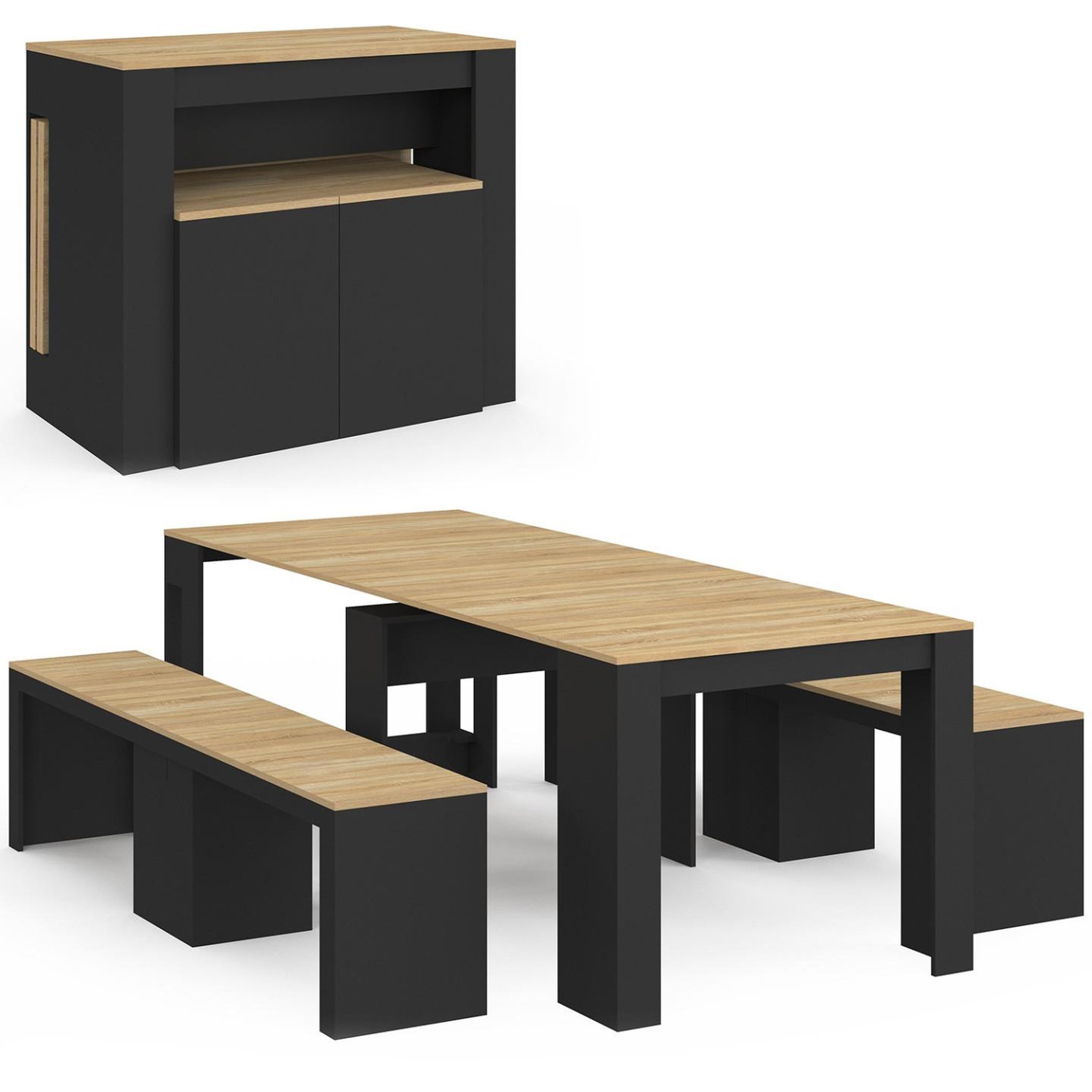 ID MARKET Ensemble table console avec bancs extensibles ORLANDO 10 personnes 235 cm bois noir et façon hêtre