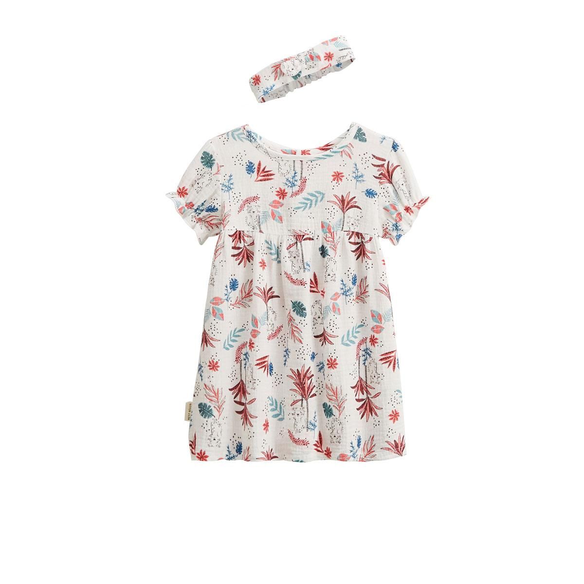 Petit Béguin Robe bébé + headband en gaze de coton Aloha Savana