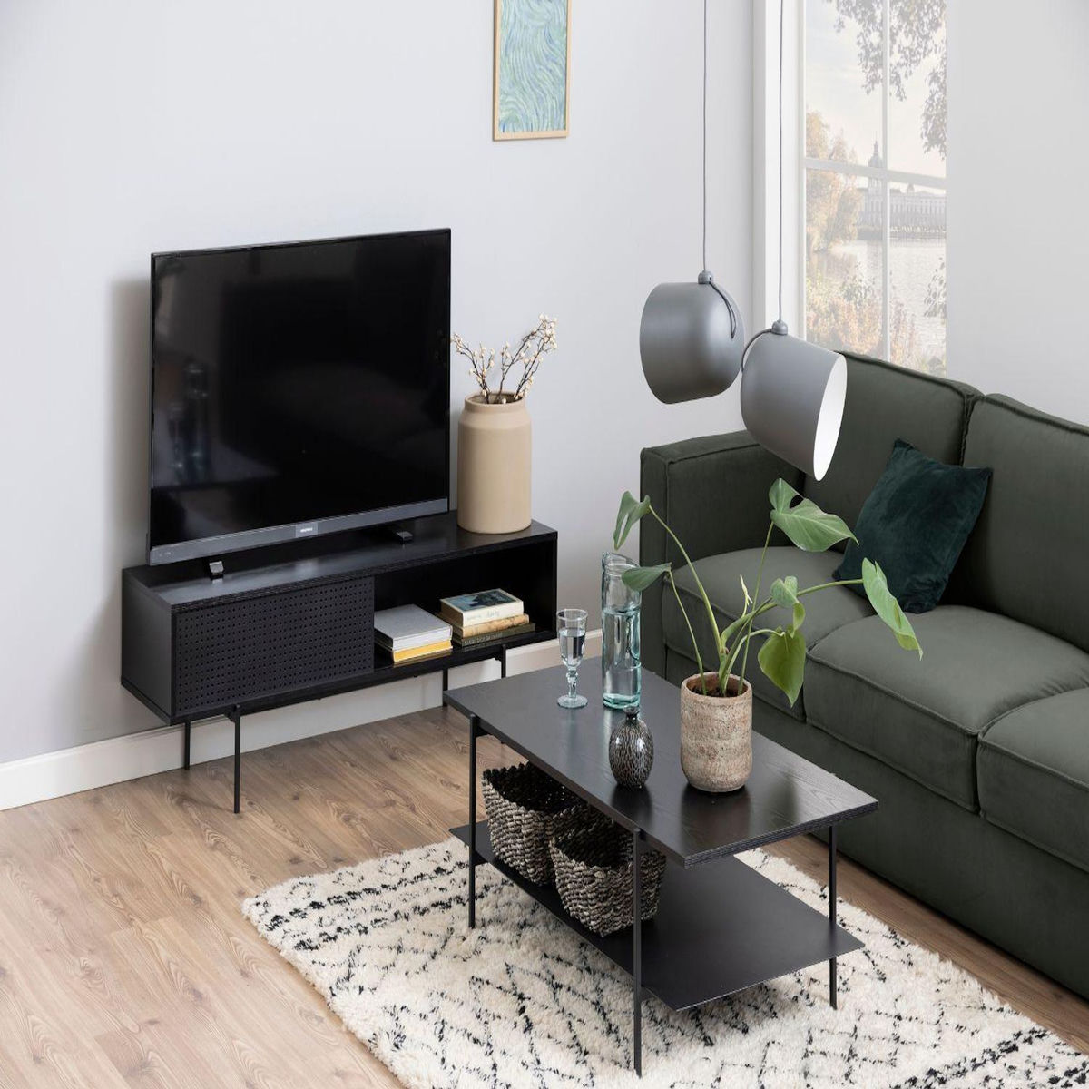 CONCEPT USINE Meuble TV noir avec porte coulissante et 1 niche JUPITER