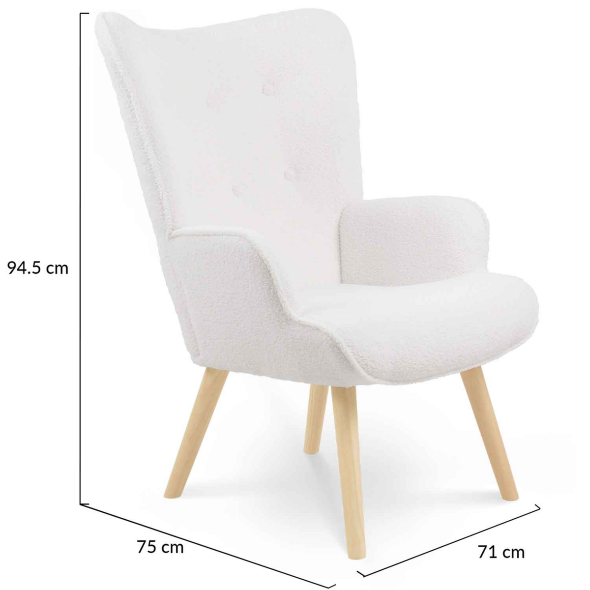 ID MARKET Fauteuil scandinave IVAR en tissu bouclette blanc