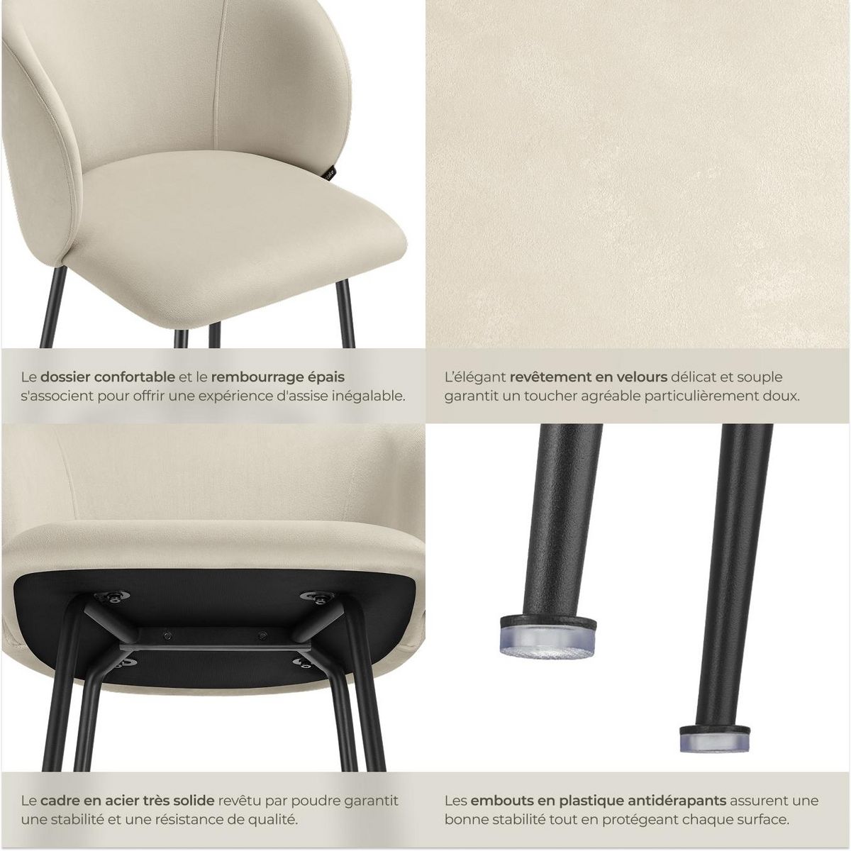 tectake Chaise de bar en velours rembourré crème/noir Ensemble de 4 pièces