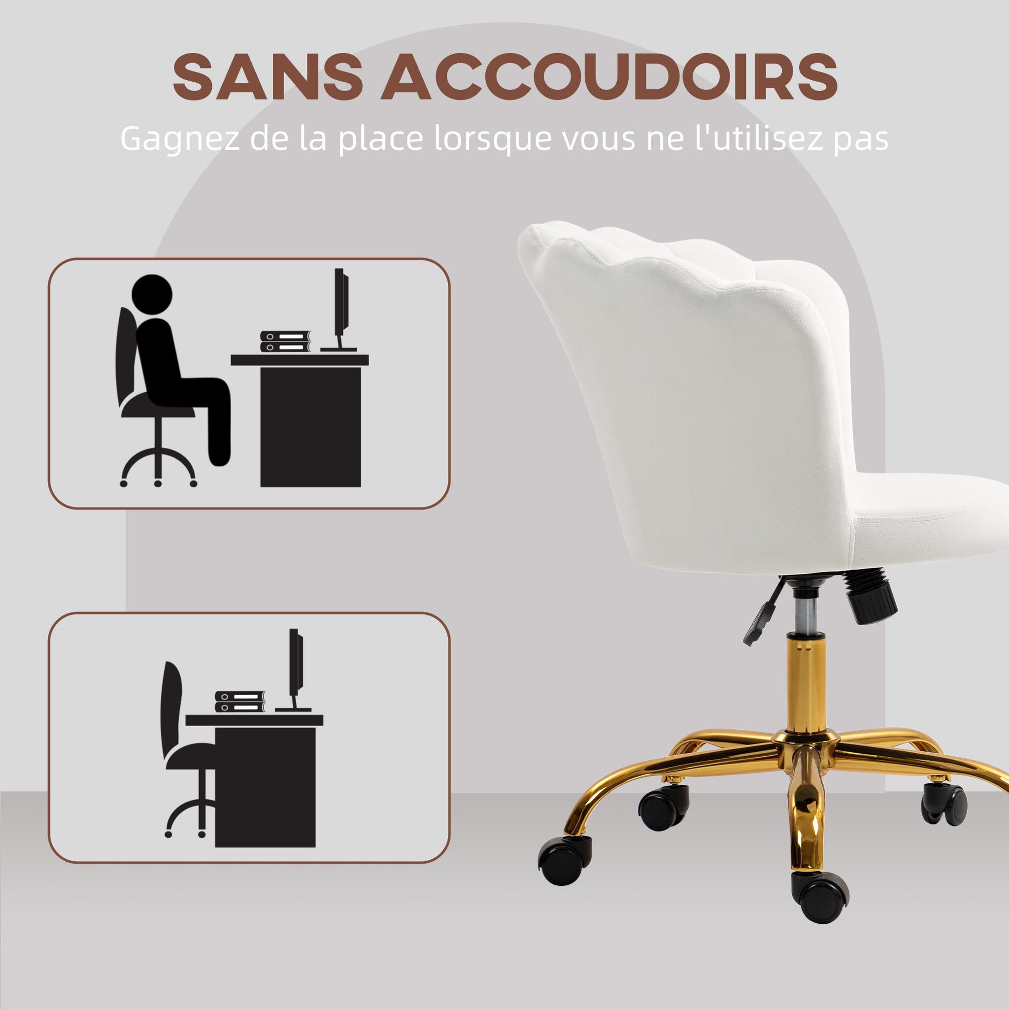 Voir la diapositive 4 : HOMCOM Chaise bureau velours design coquillage piètement acier doré blanc