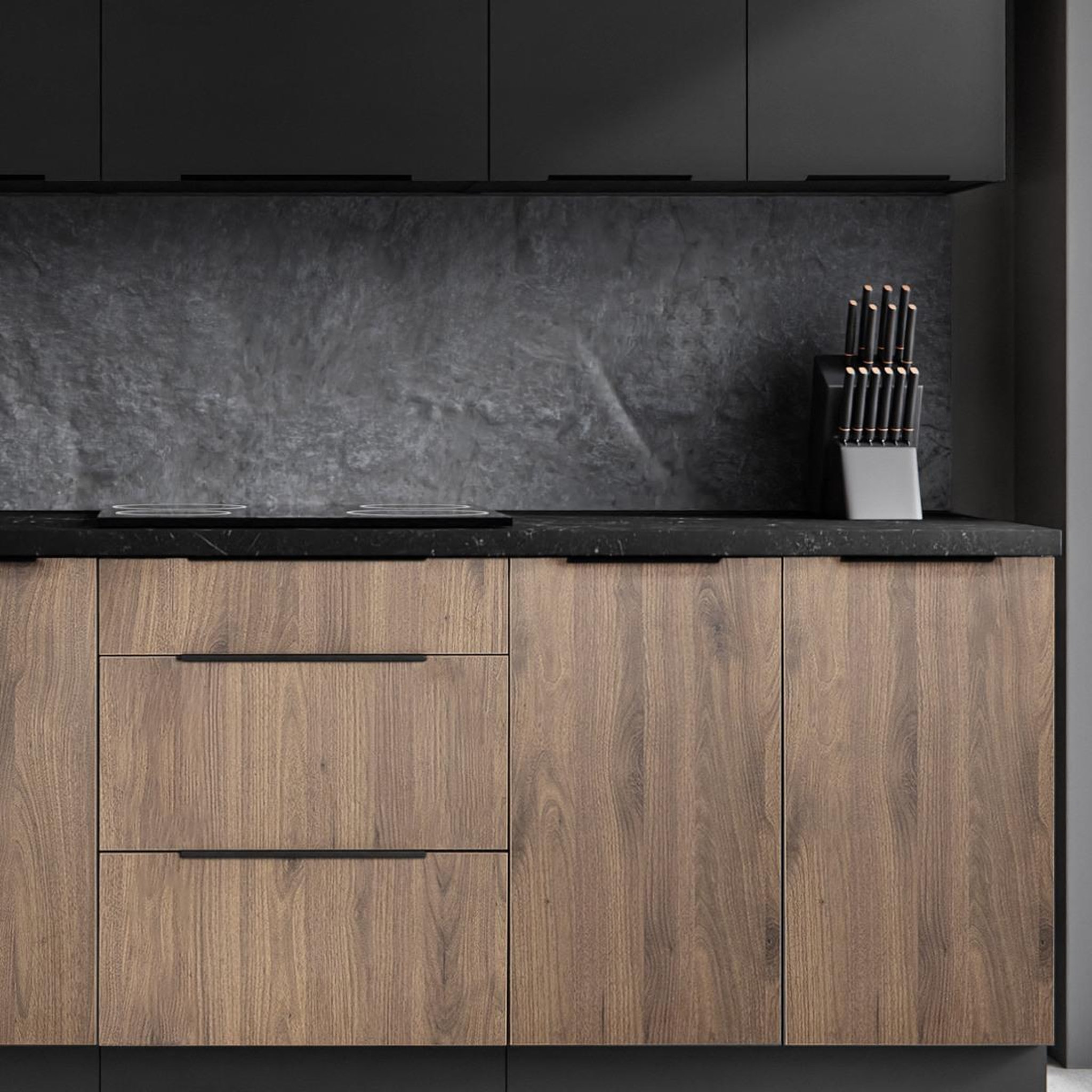 Voir la diapositive 4 : JLC KREATION Cuisine complète moderne bois et noir 260cm MAO