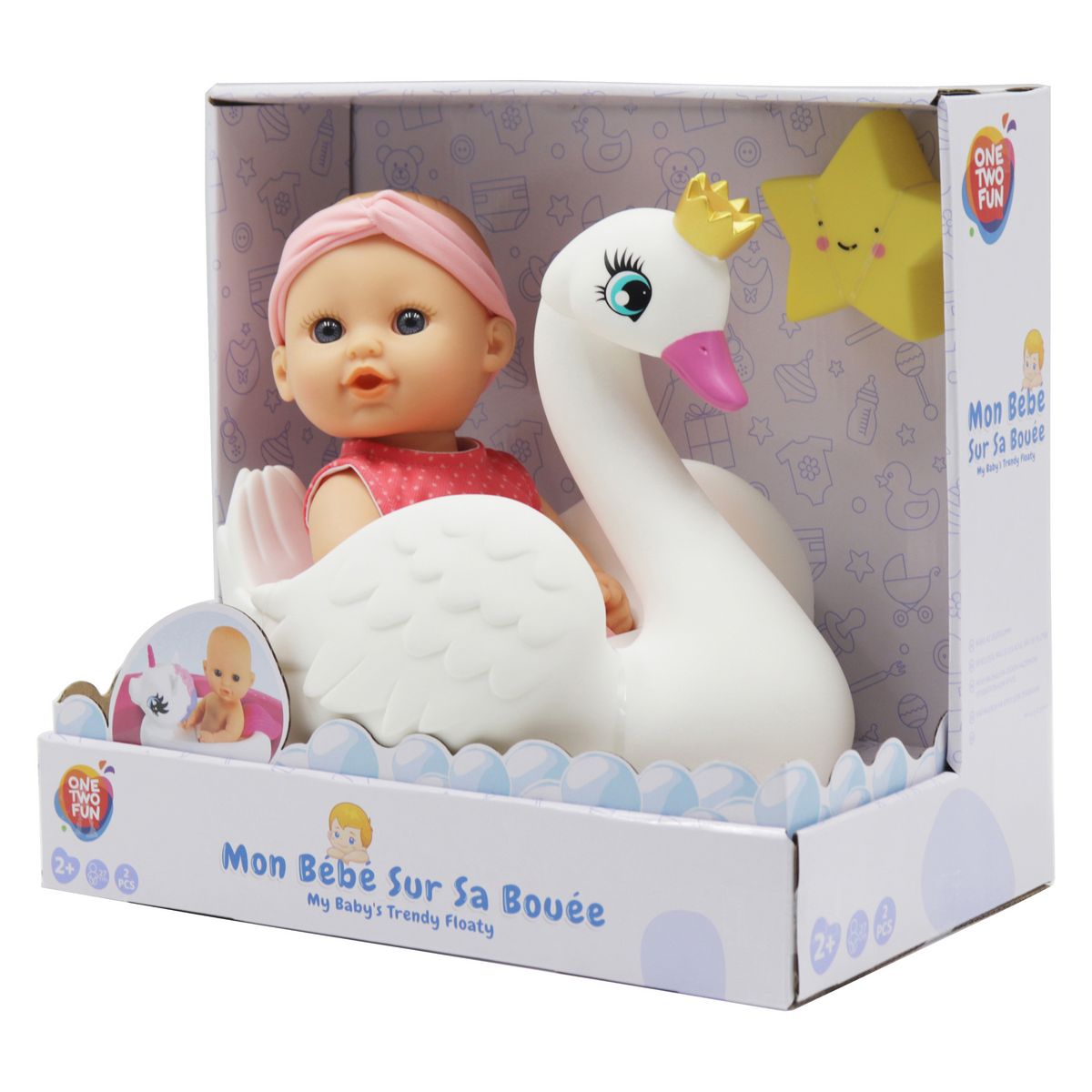 One Two Fun Mon bébé 30 cm sur sa bouée Cygne