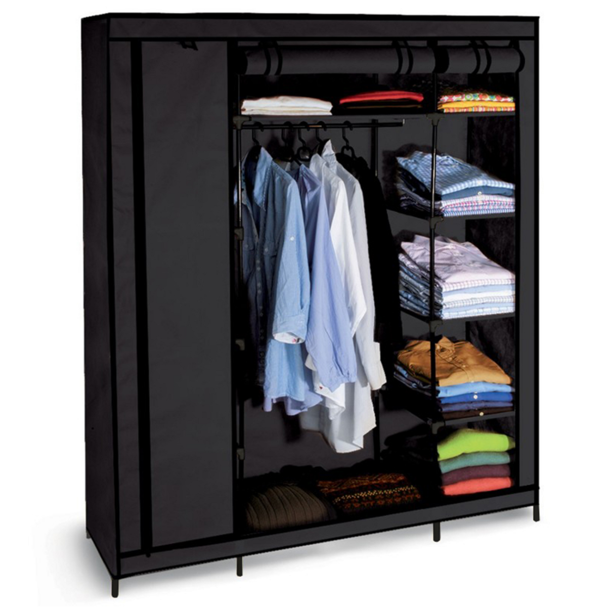 ID MARKET Armoire de rangement penderie pliable vêtements en tissu noir dressing XXL