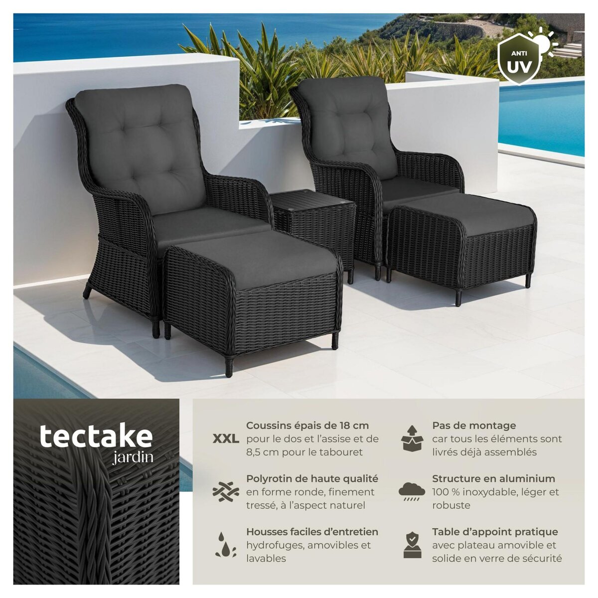 tectake Salon de jardin pour 2 à 4 personnes noir/gris