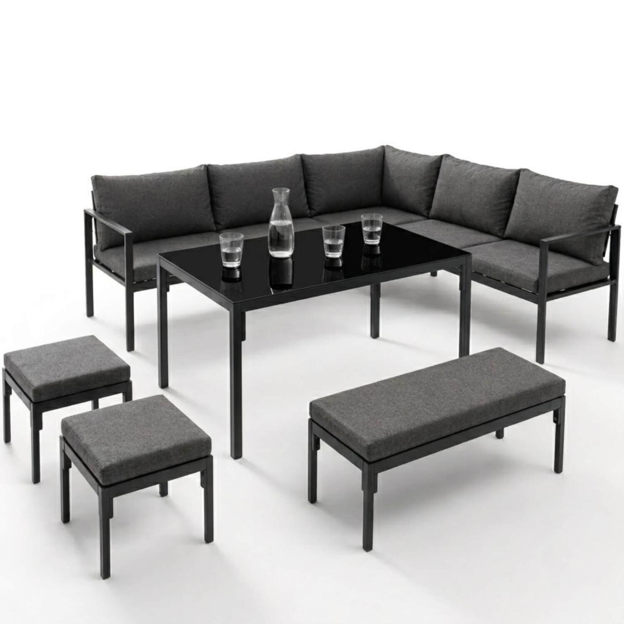 ID MARKET Salon de jardin repas nayla 8 places d'angle en métal et coussins gris avec table à manger, canapé d'angle, banquette, tabourets