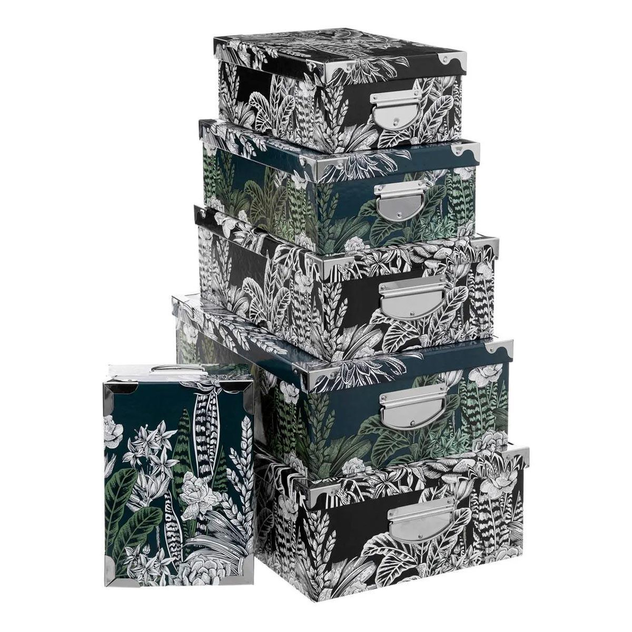 FIVE Lot de 6 boîtes de rangement  black floral  48cm noir & vert