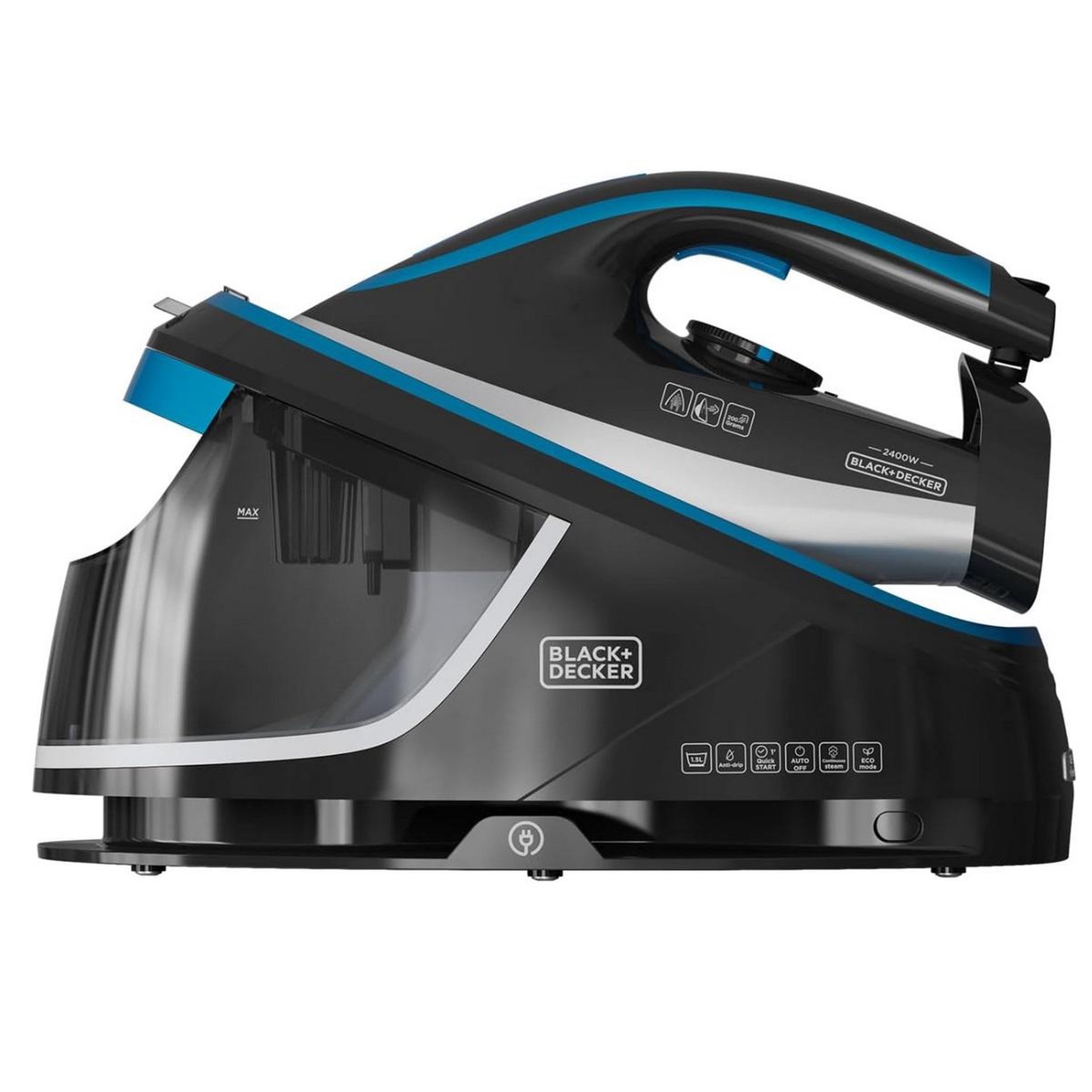 Voir la diapositive 2 : Black et Decker Centrale vapeur 3bars 120gr/min autonomie illimitée noir/bleu - BXSS2401E