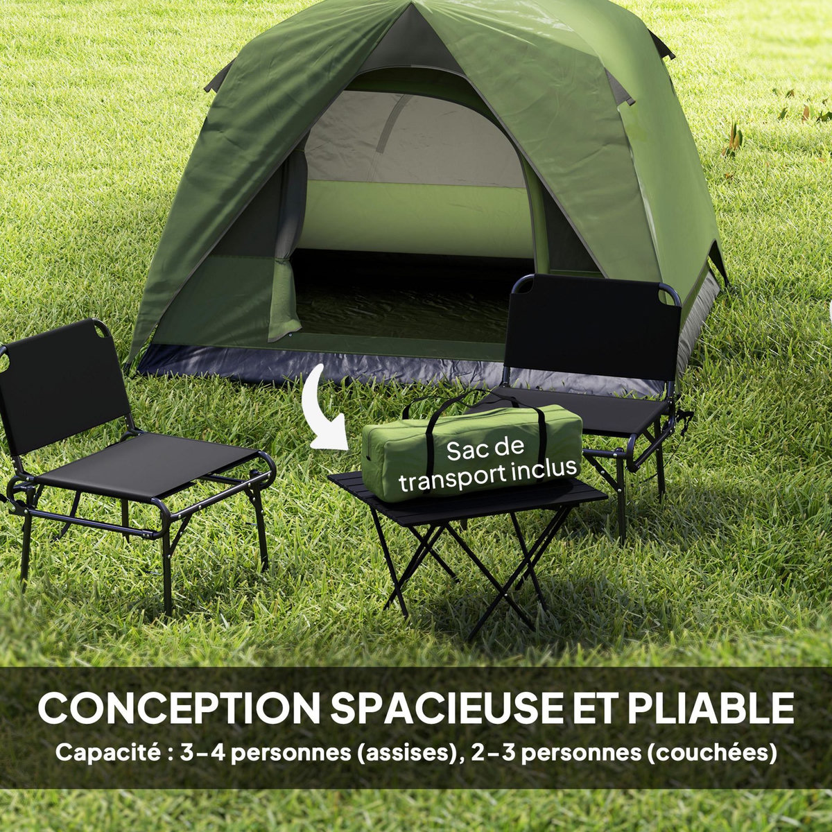 OUTSUNNY Tente de camping 2-3 personnes fenêtres, poche, sac de transport et crochet imperméabilité 3000 mm vert olive