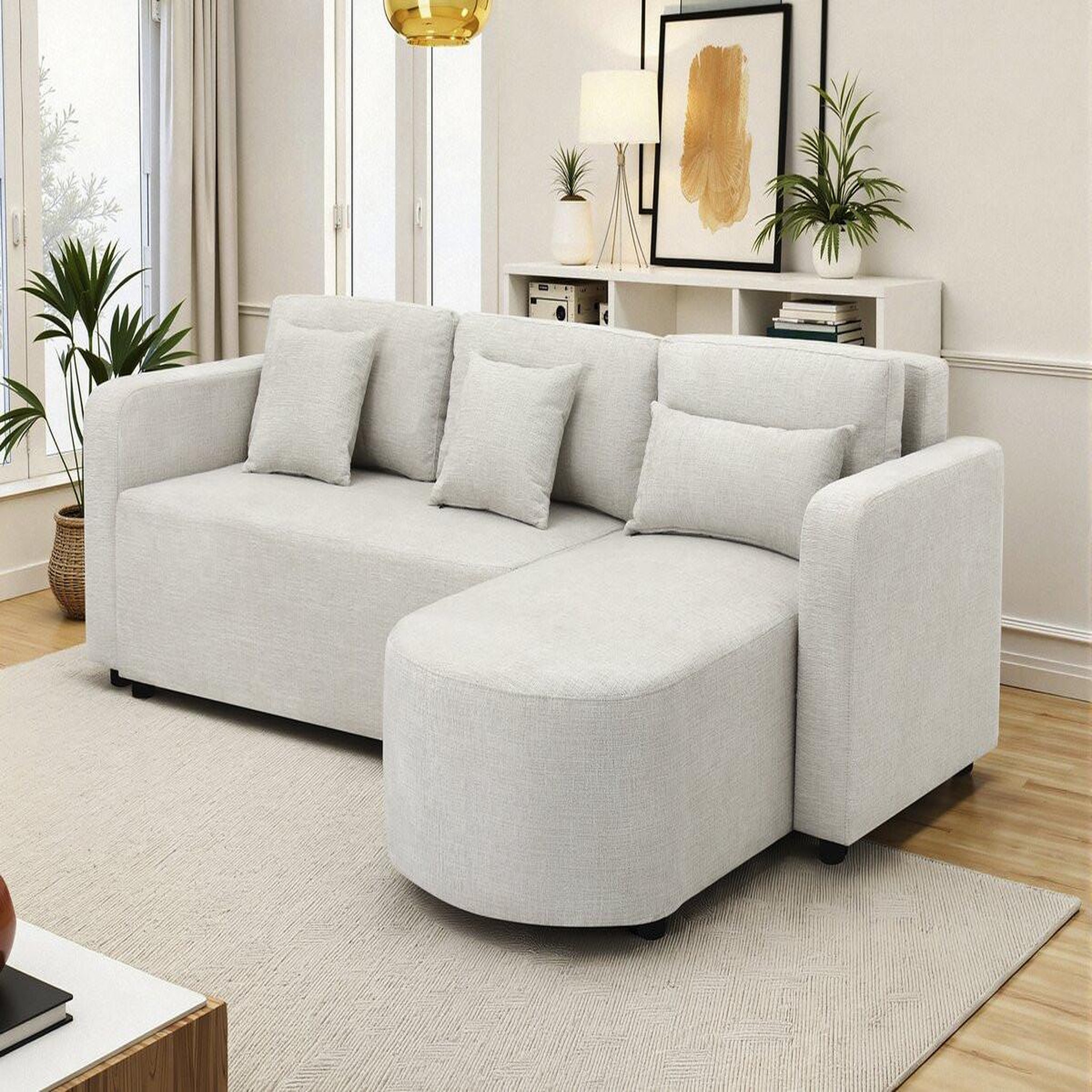Voir la diapositive 2 : Habitat et Jardin Canapé d'angle convertible/réversible en tissu  charles  - 3 places - beige