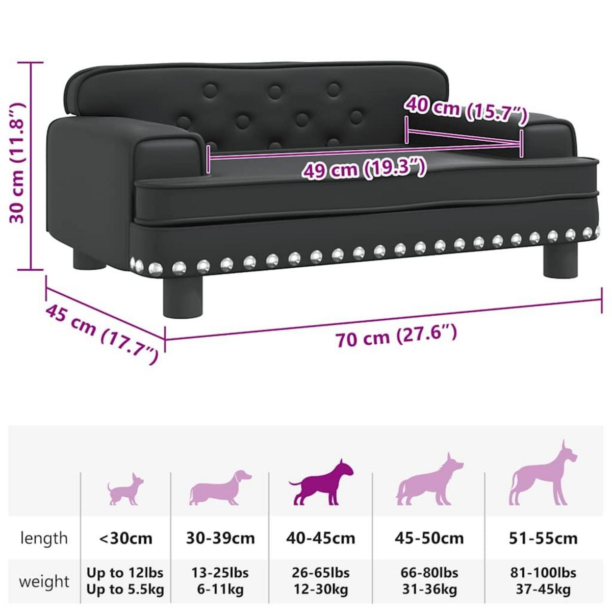 VIDAXL Lit pour chien noir 70x45x30 cm similicuir