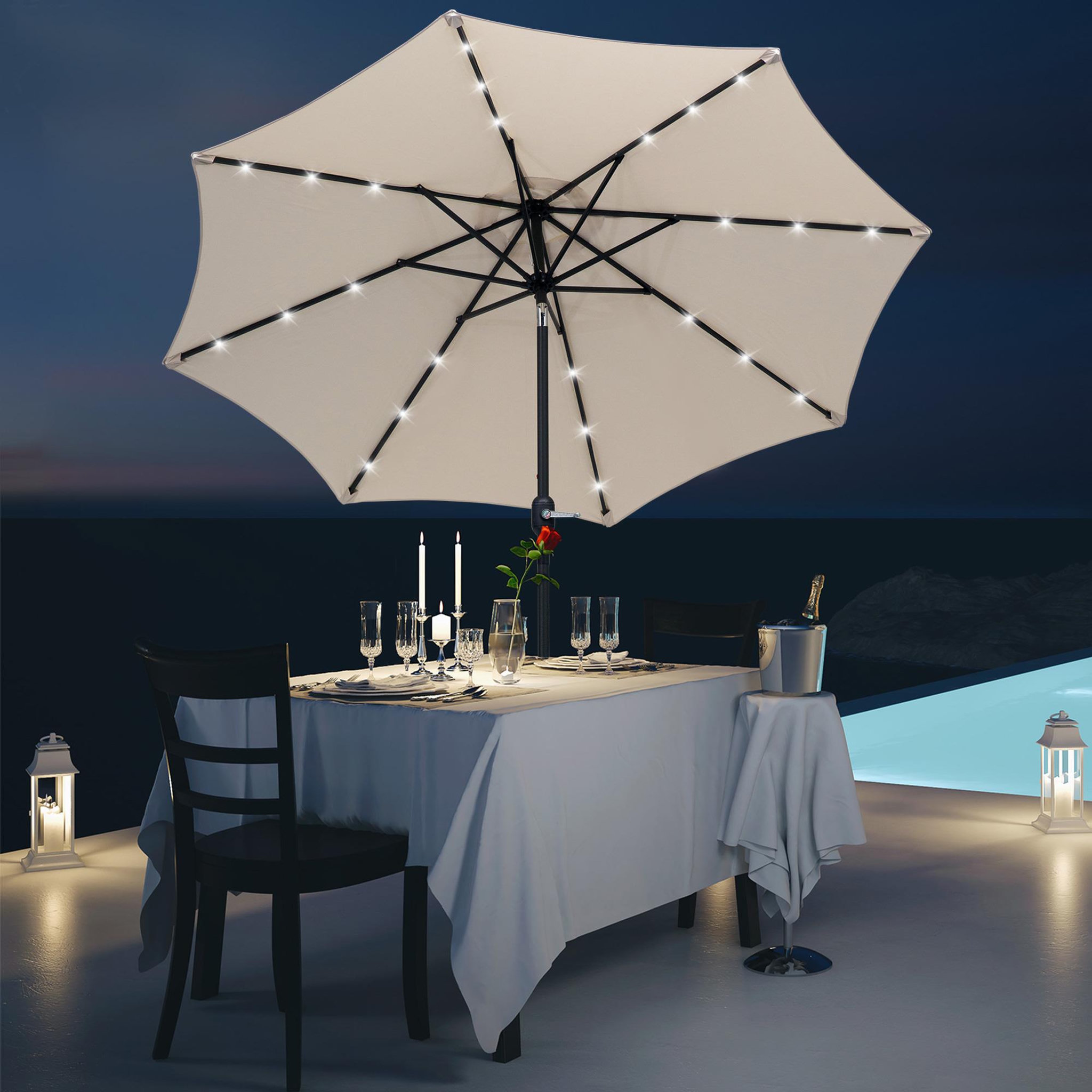 Voir la diapositive 2 : OUTSUNNY Parasol octogonal inclinable Ø 2,67 x 2,4 m lumineux solaire 24 LED polyester haute densité 180 g/m² crème